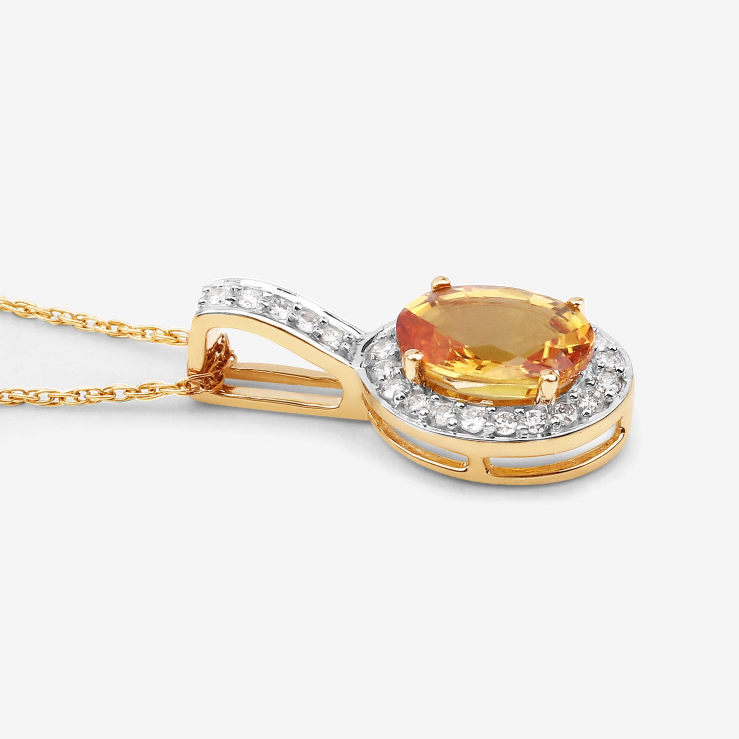 Natural Yellow Sapphire and Diamond Halo Pendant 1.80 Carats 14K Yellow Gold