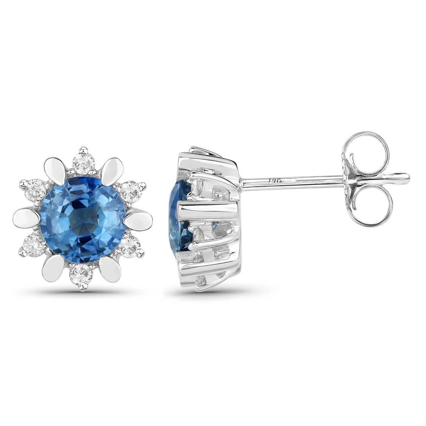 Natural Blue Sapphire and Diamond Stud Earrings Total 1.90 Carats 14K White Gold