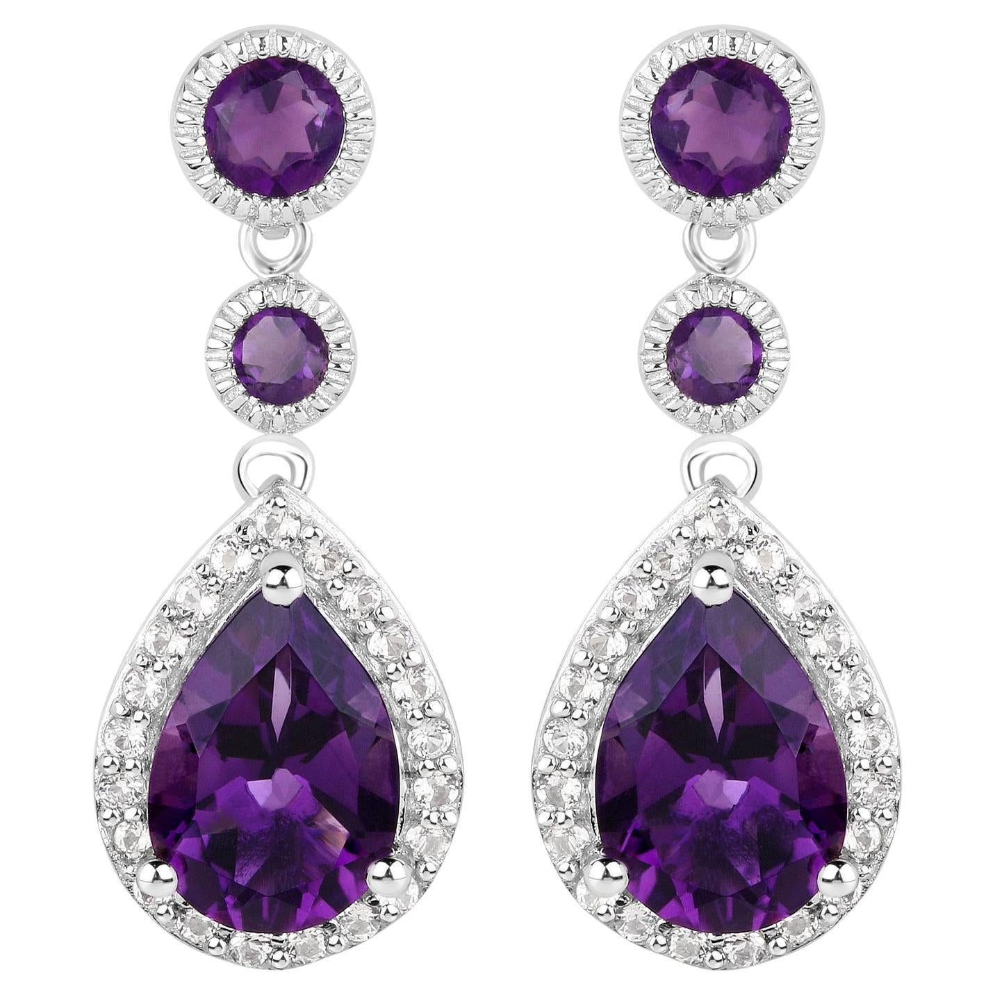 Amethyst Dangle Earrings White Topaz 6.98 Carats 18K White Gold Plated Silver