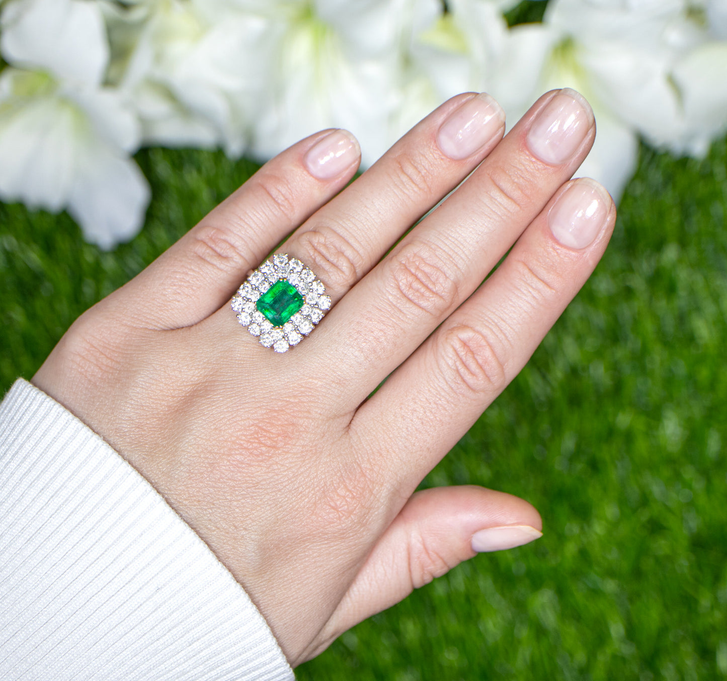 Square Emerald Ring With Diamond Double Halo Setting 5.03 Carats 18K Gold