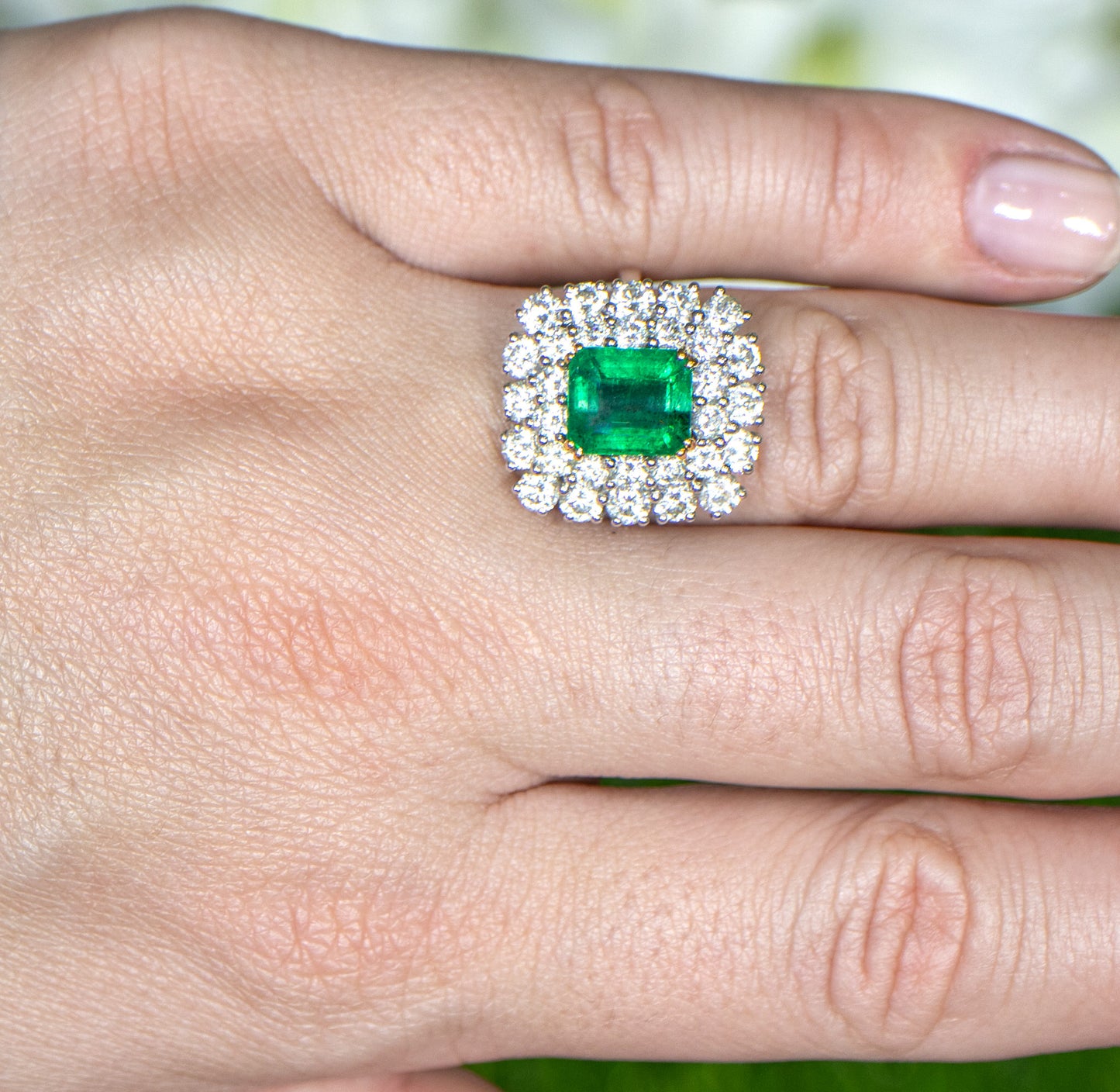 Square Emerald Ring With Diamond Double Halo Setting 5.03 Carats 18K Gold