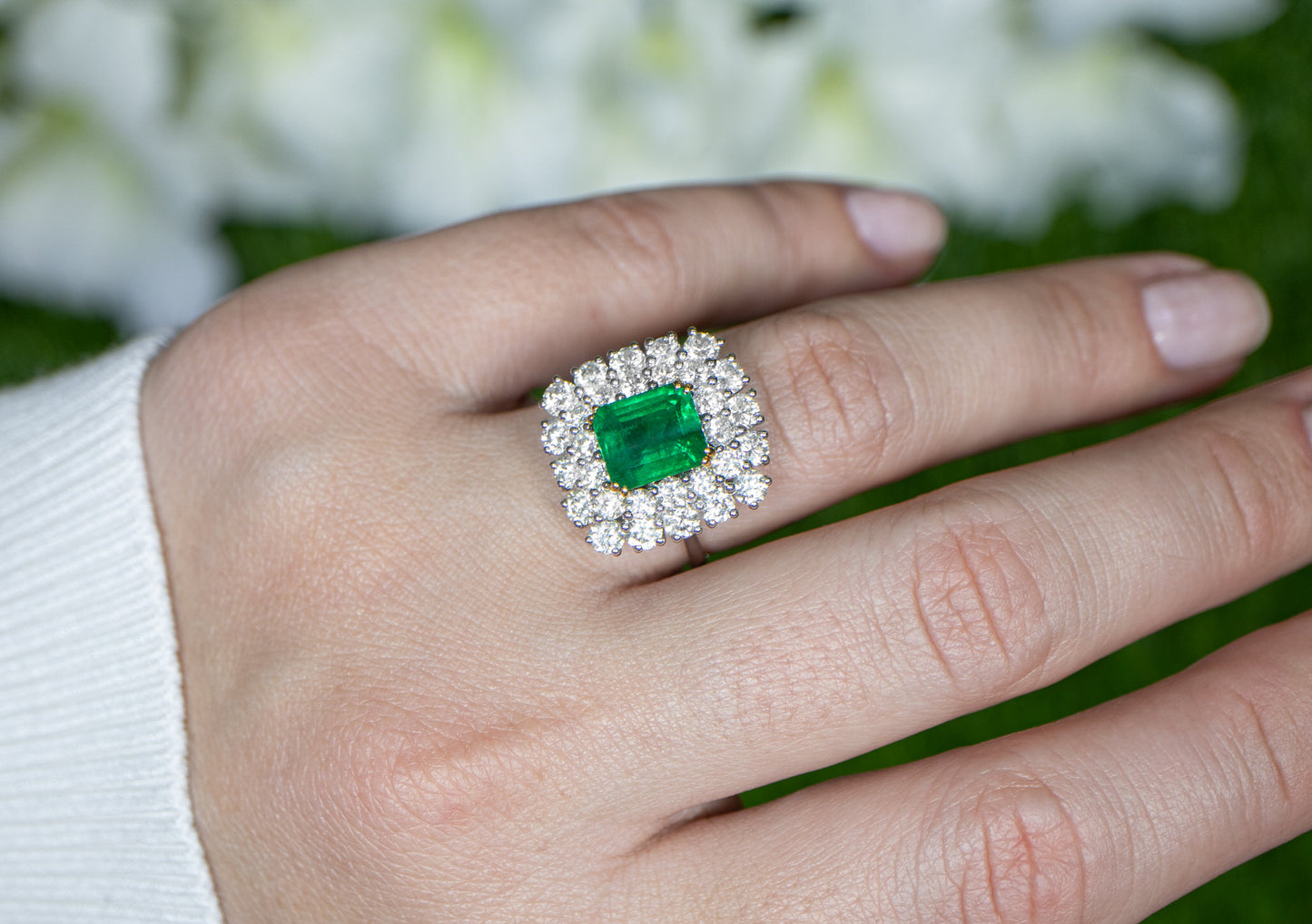 Square Emerald Ring With Diamond Double Halo Setting 5.03 Carats 18K Gold