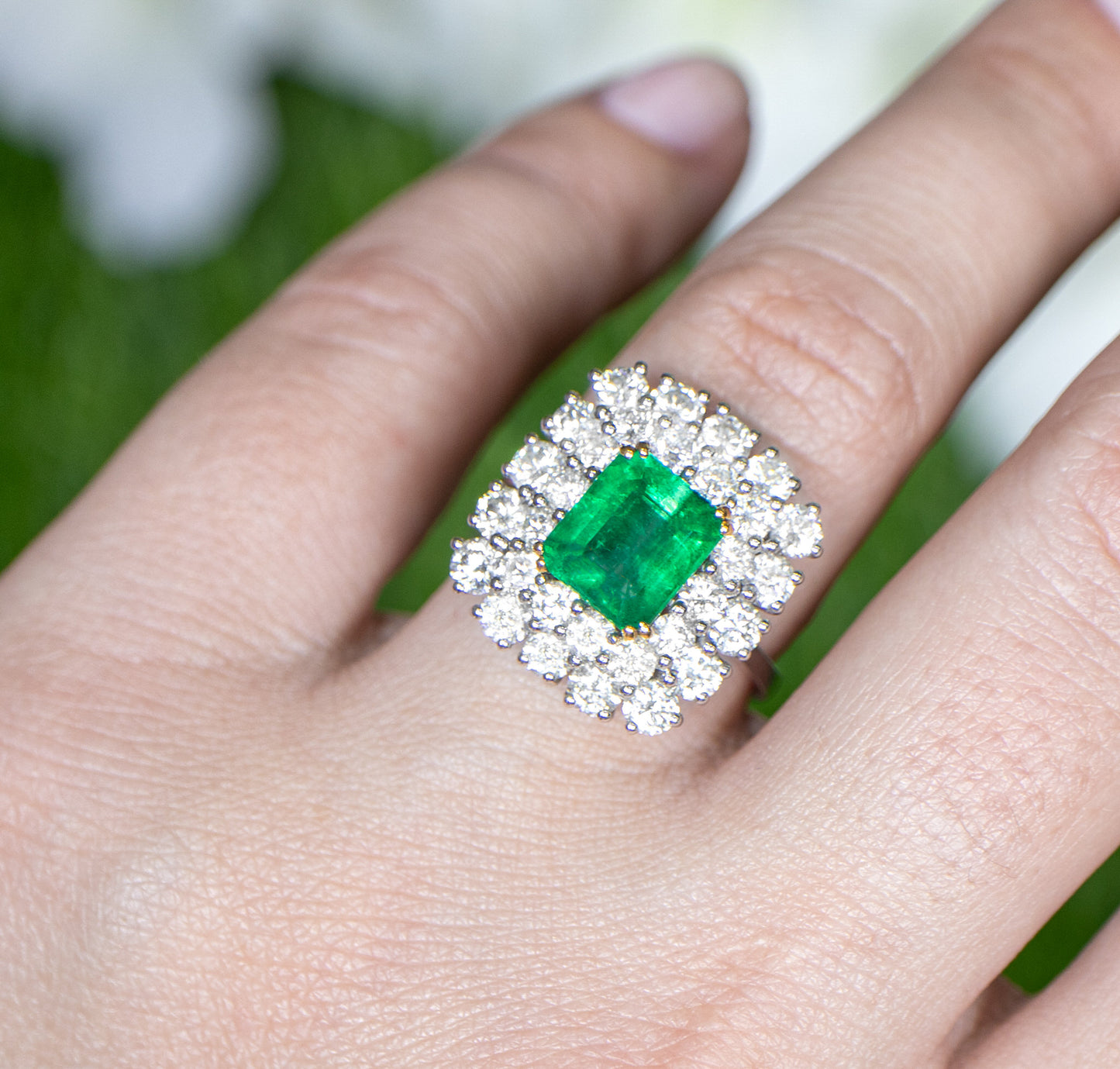Square Emerald Ring With Diamond Double Halo Setting 5.03 Carats 18K Gold