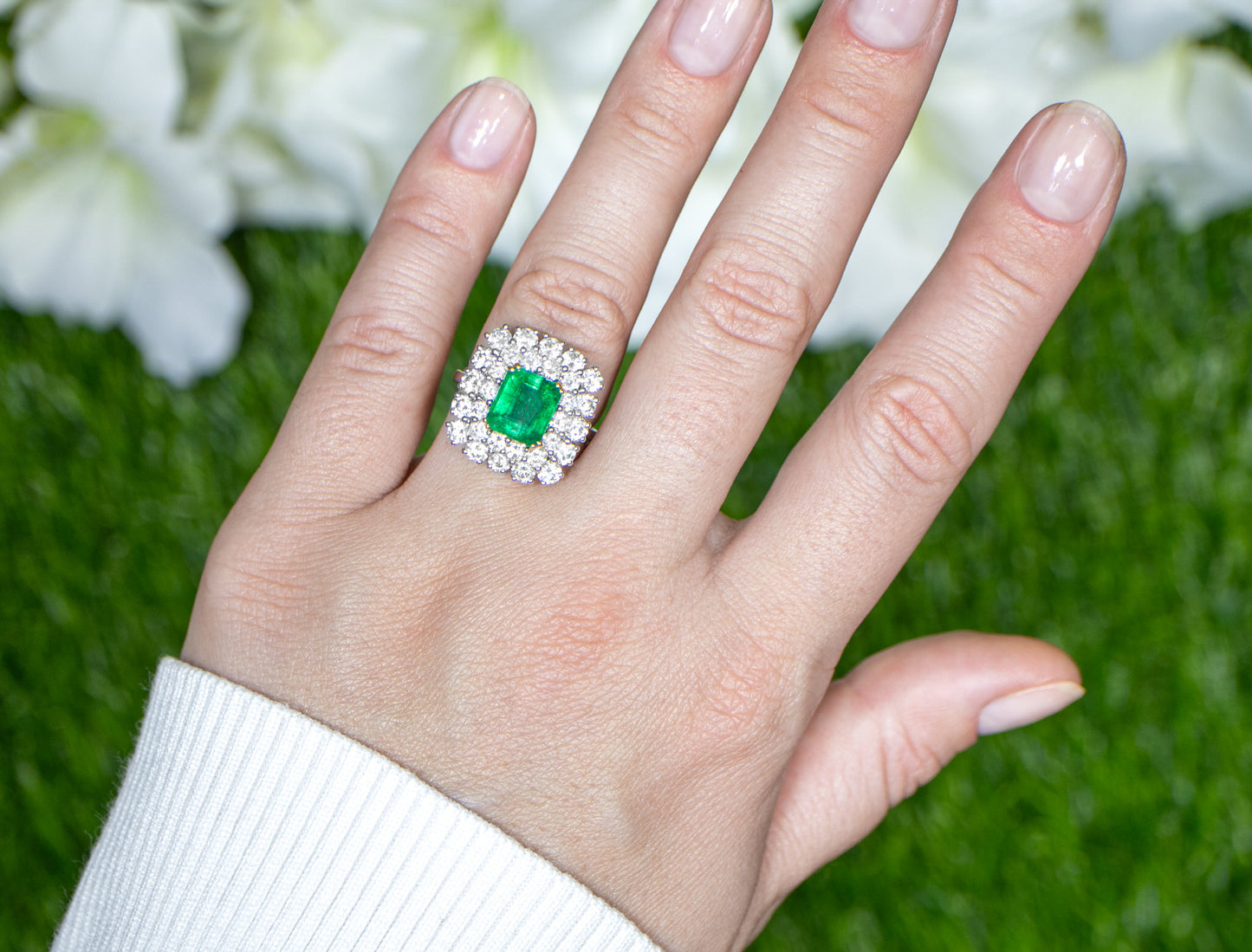 Square Emerald Ring With Diamond Double Halo Setting 5.03 Carats 18K Gold
