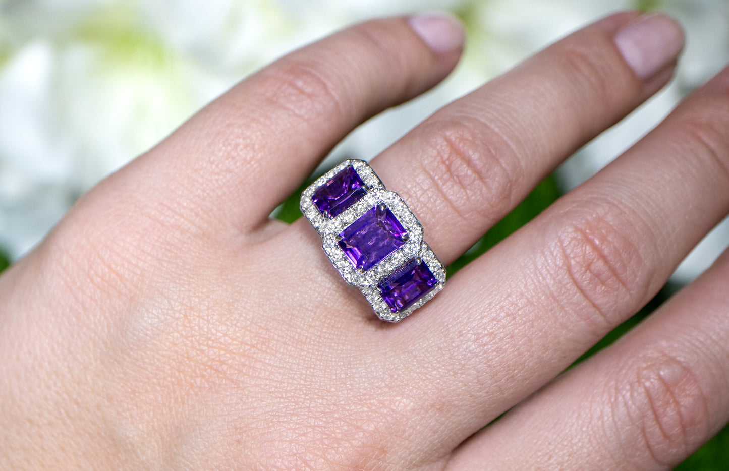 Amethyst Three Stone Ring Diamond Setting 3.92 Carats 18K Gold