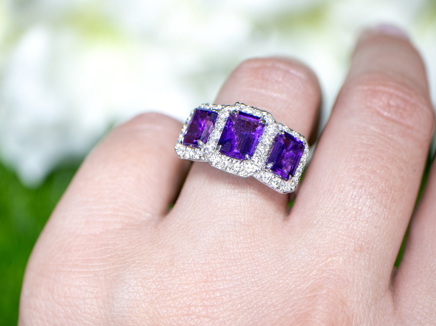 Amethyst Three Stone Ring Diamond Setting 3.92 Carats 18K Gold