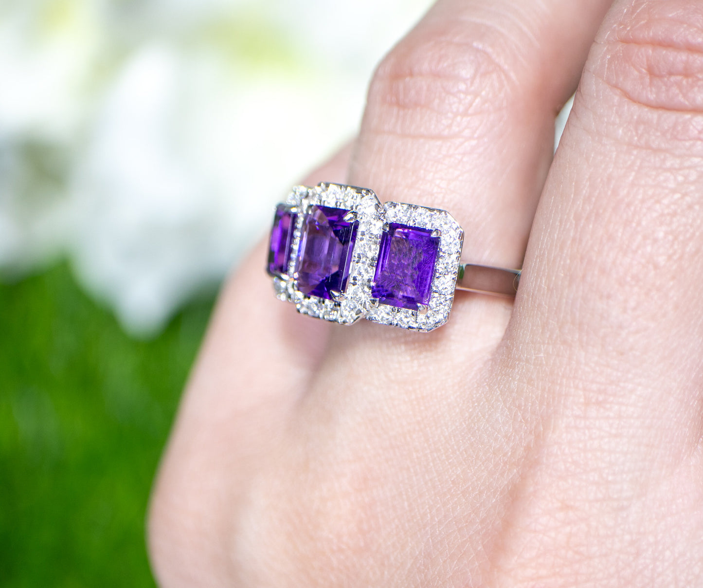 Amethyst Three Stone Ring Diamond Setting 3.92 Carats 18K Gold