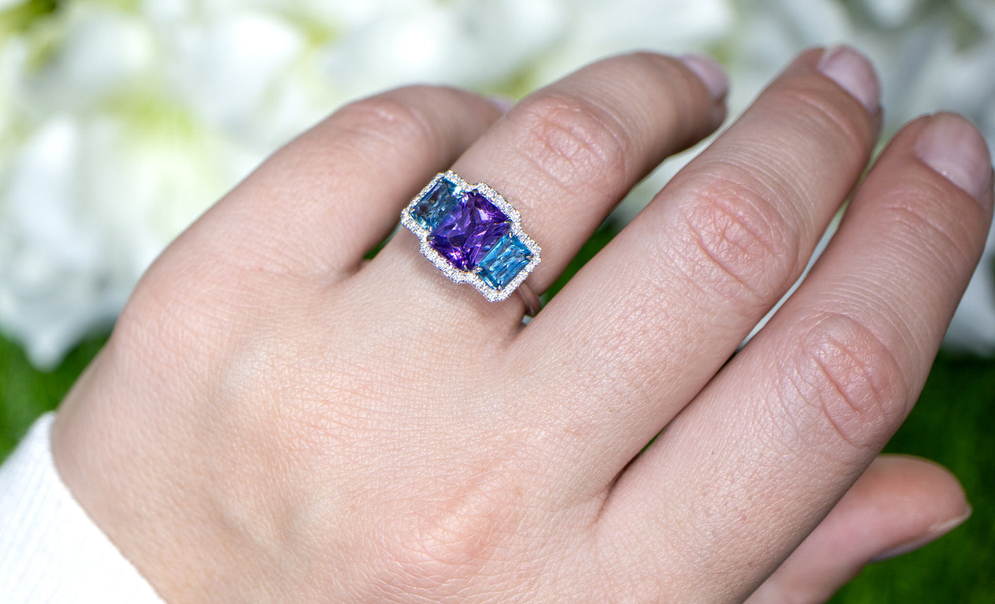 Amethyst and London Blue Topaz Three Stone Ring Diamond Setting 3.06 Carats 18K