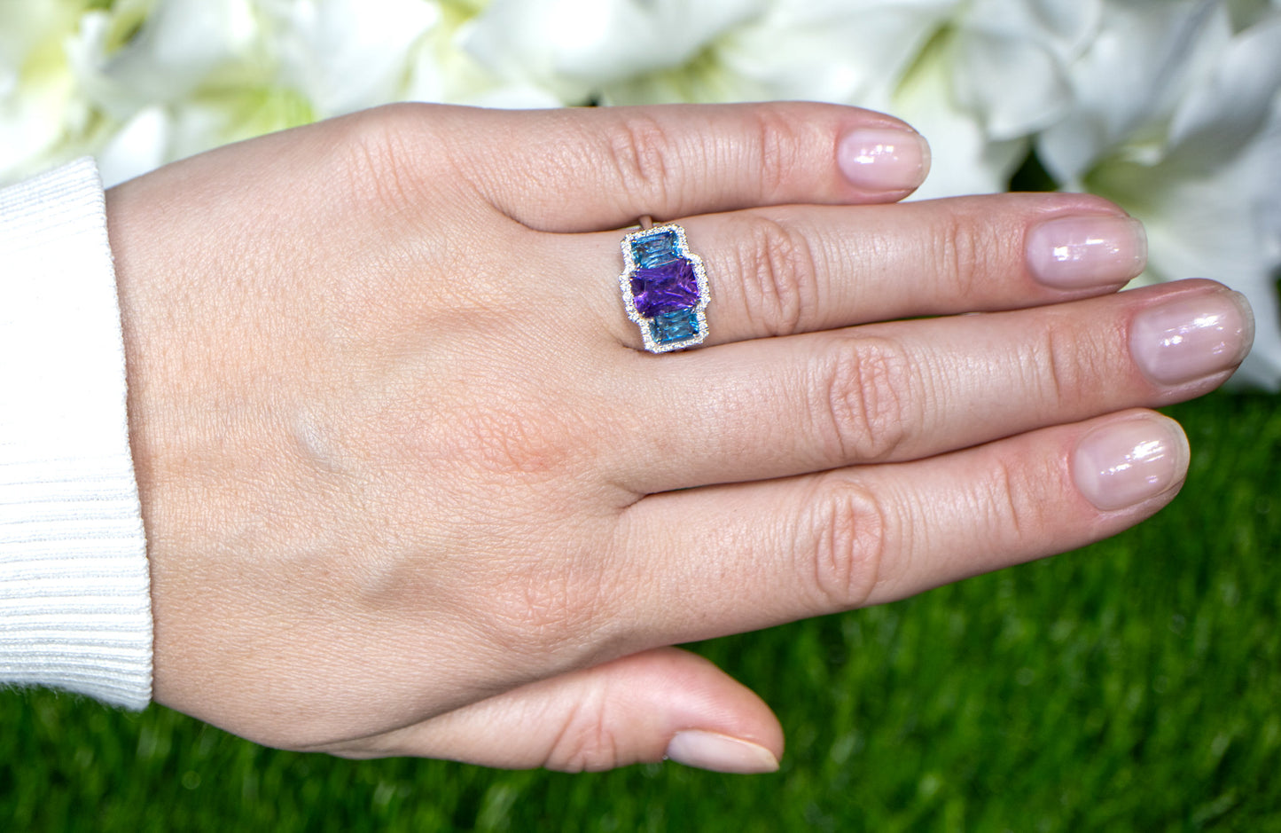 Amethyst and London Blue Topaz Three Stone Ring Diamond Setting 3.06 Carats 18K
