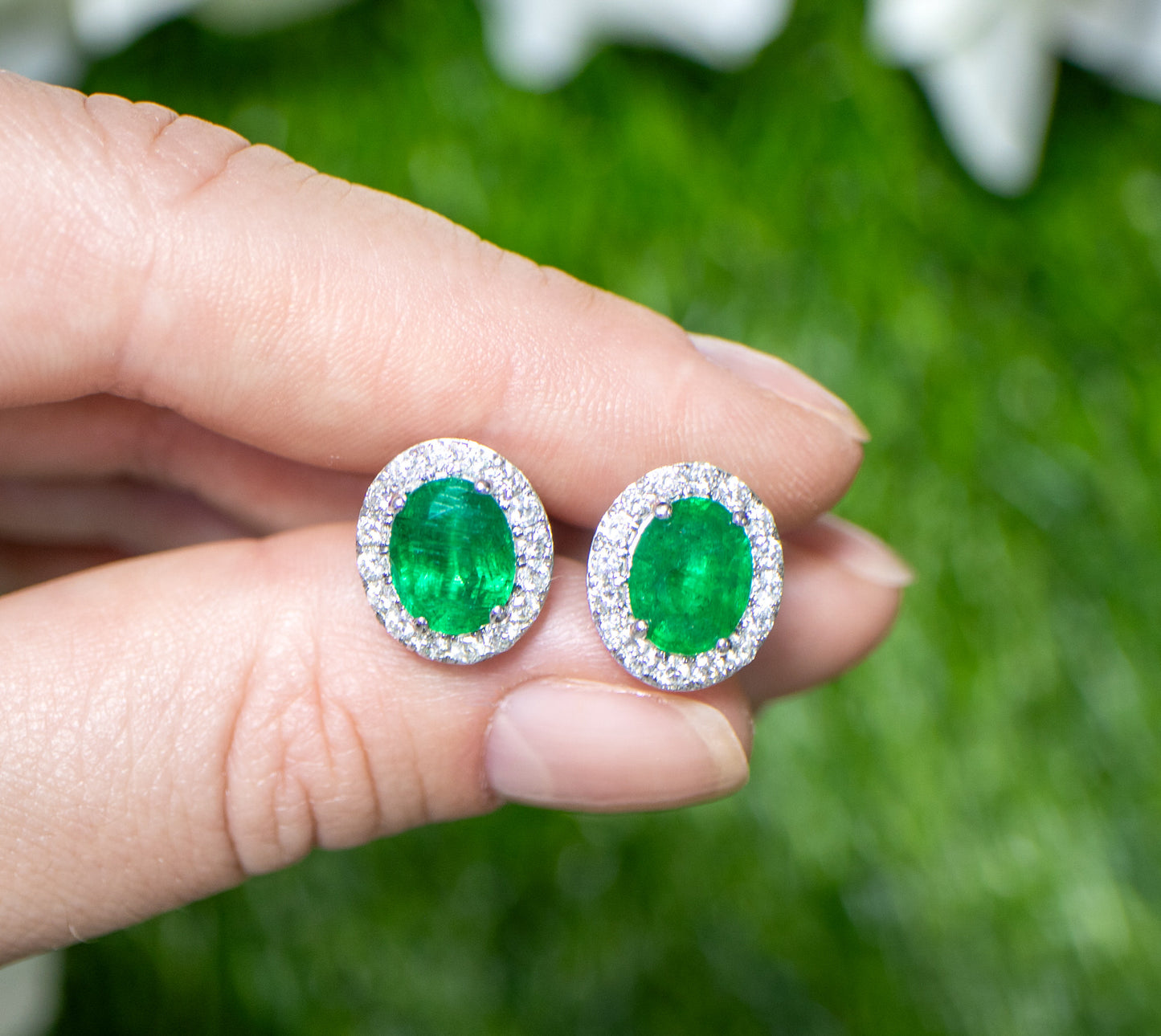 Emerald Stud Earrings Diamond Halo 4.65 Carats 18K Gold