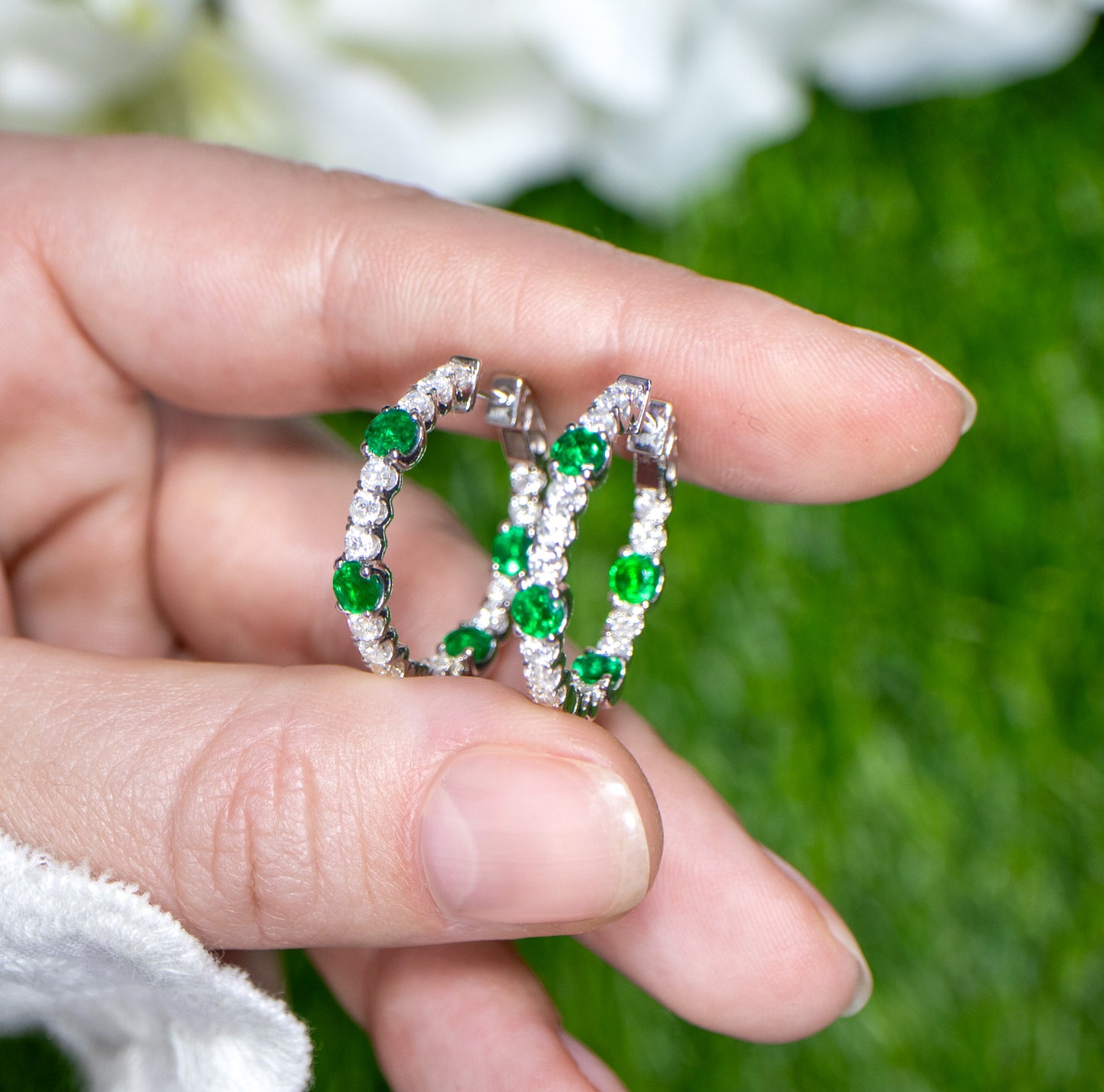 Emerald and Diamond Hoop Earrings Round Cut 2.76 Carats 18K Gold