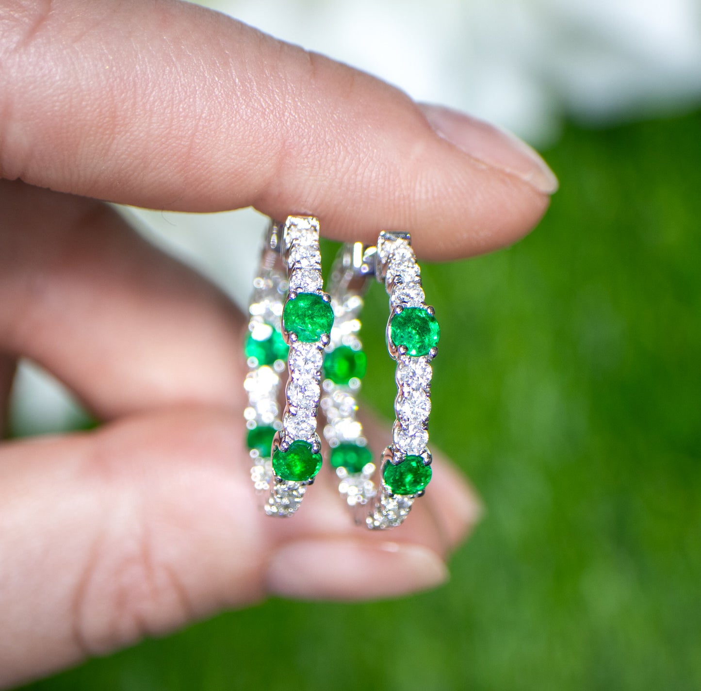Emerald and Diamond Hoop Earrings Round Cut 2.76 Carats 18K Gold
