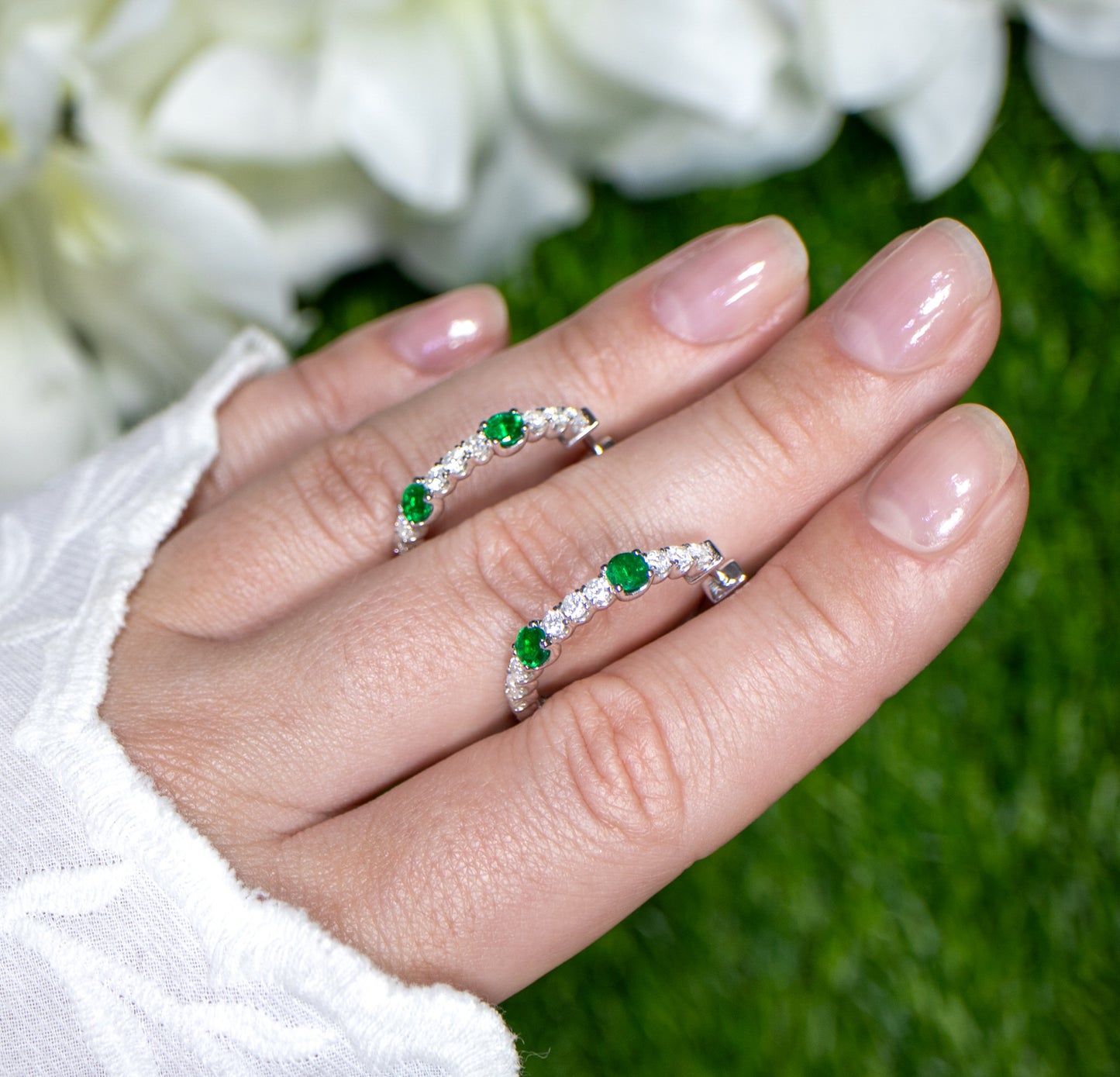 Emerald and Diamond Hoop Earrings Round Cut 2.76 Carats 18K Gold
