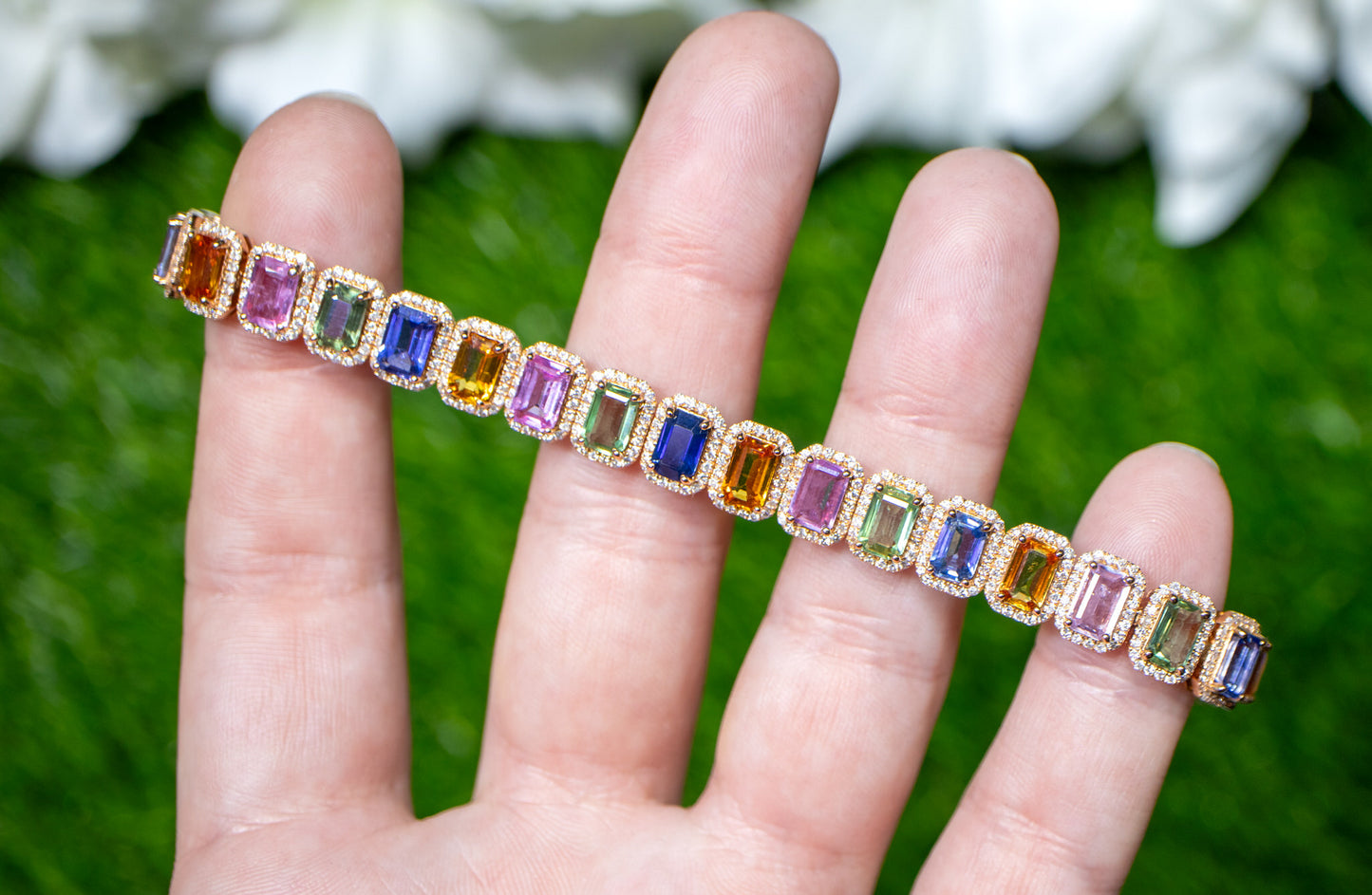 Multicolor Sapphires Rainbow Bracelet Diamond Halo 16.5 Carats 18K Rose Gold