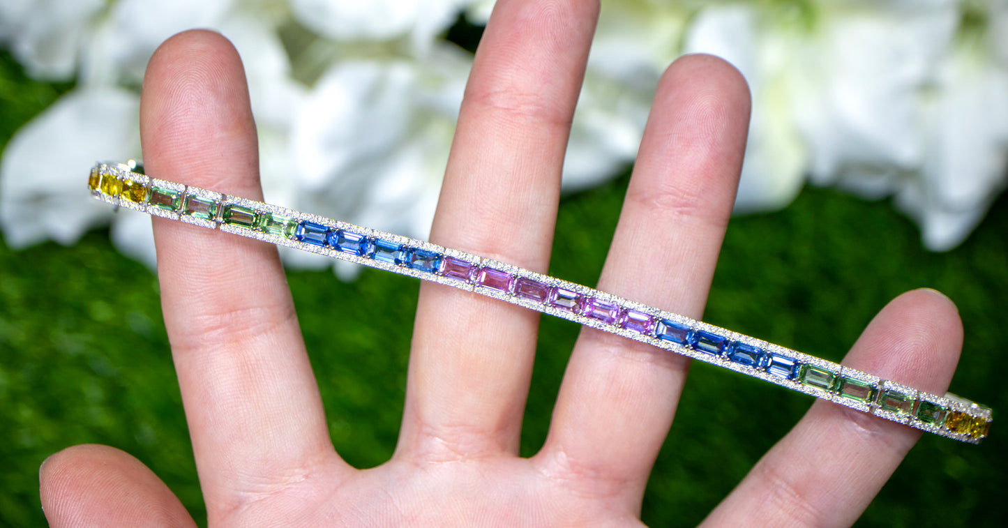 Baguette Cut Multicolor Sapphires Rainbow Bracelet With Diamonds 12.7 Carats 18K
