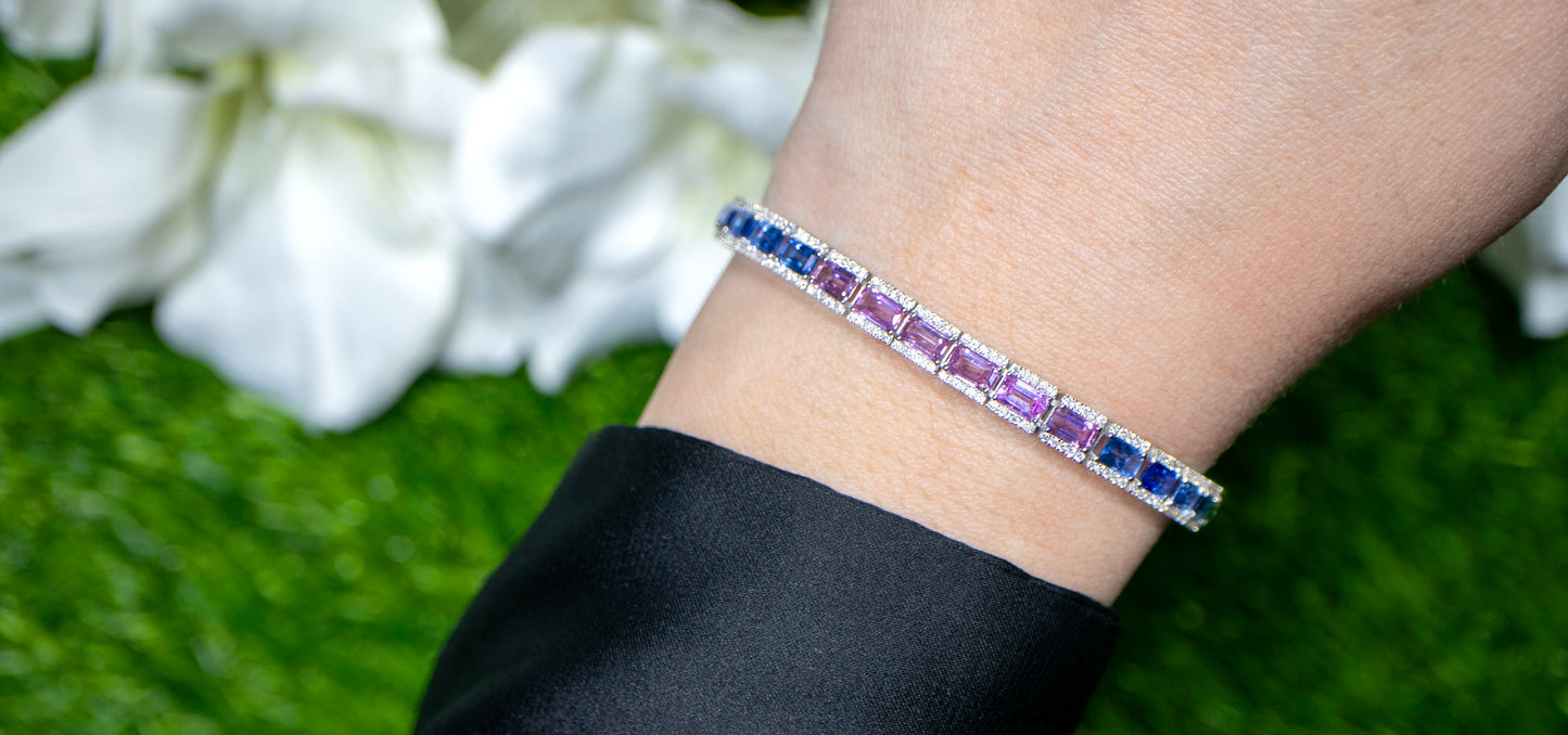 Baguette Cut Multicolor Sapphires Rainbow Bracelet With Diamonds 12.7 Carats 18K
