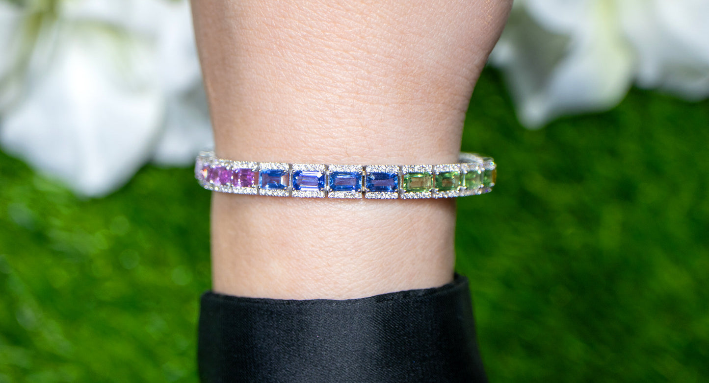Baguette Cut Multicolor Sapphires Rainbow Bracelet With Diamonds 12.7 Carats 18K