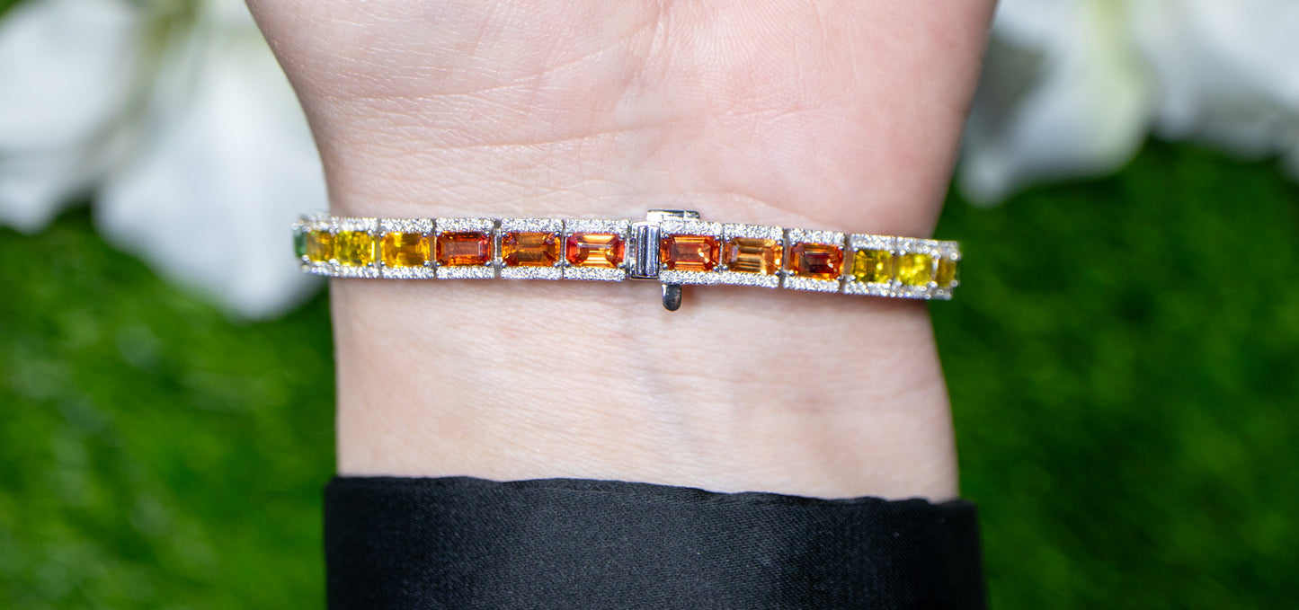 Baguette Cut Multicolor Sapphires Rainbow Bracelet With Diamonds 12.7 Carats 18K