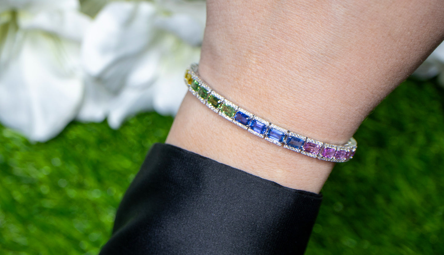 Baguette Cut Multicolor Sapphires Rainbow Bracelet With Diamonds 12.7 Carats 18K