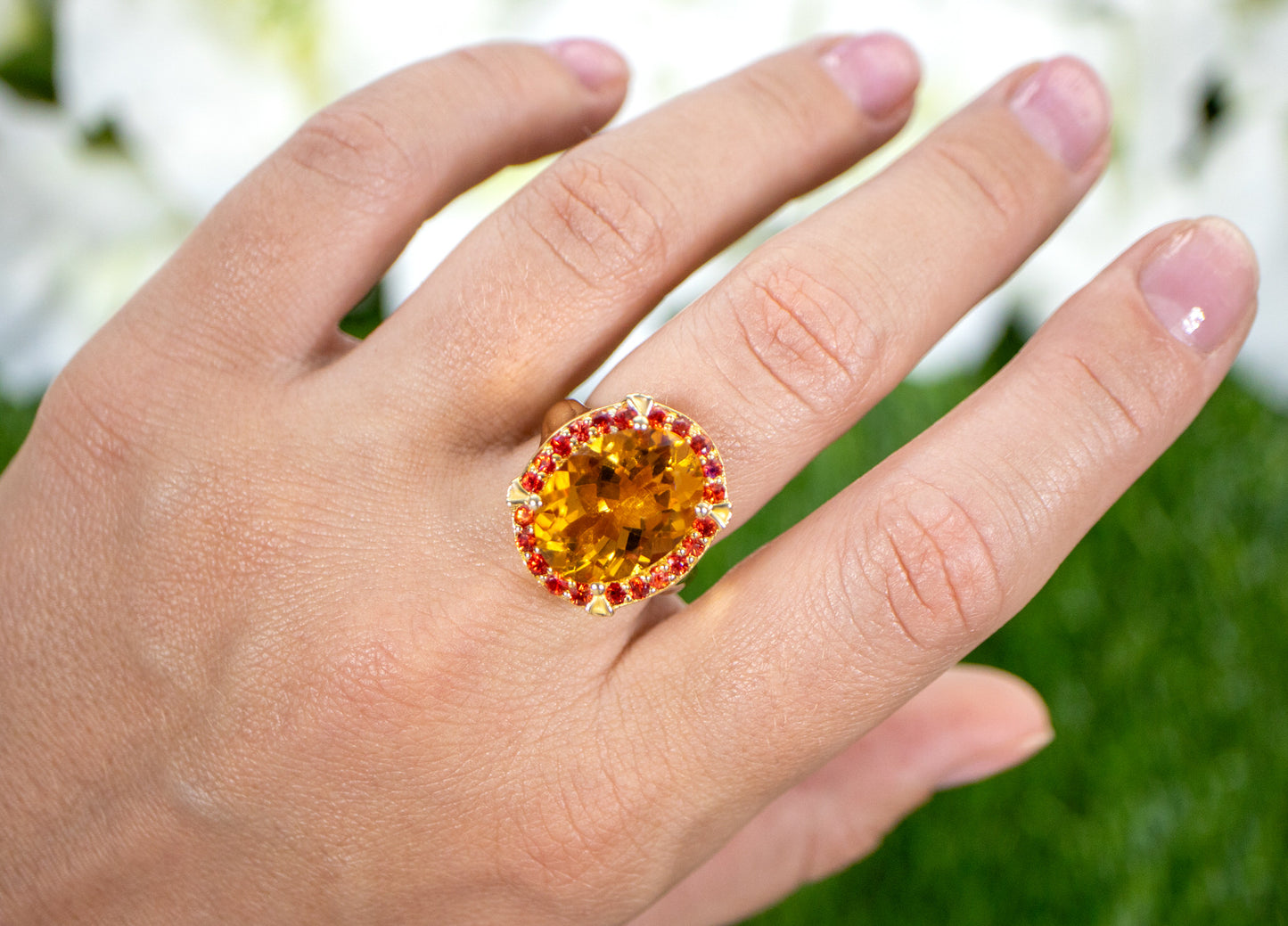 Citrine Cocktail Ring Deep Orange Sapphires 9.4 Carats 14K Gold Plated Silver