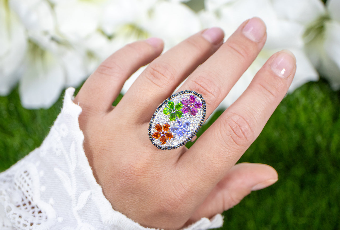 Flower Cluster Ring Citrine Tanzanite Rhodolite Chrome Diopside Topaz Spinel
