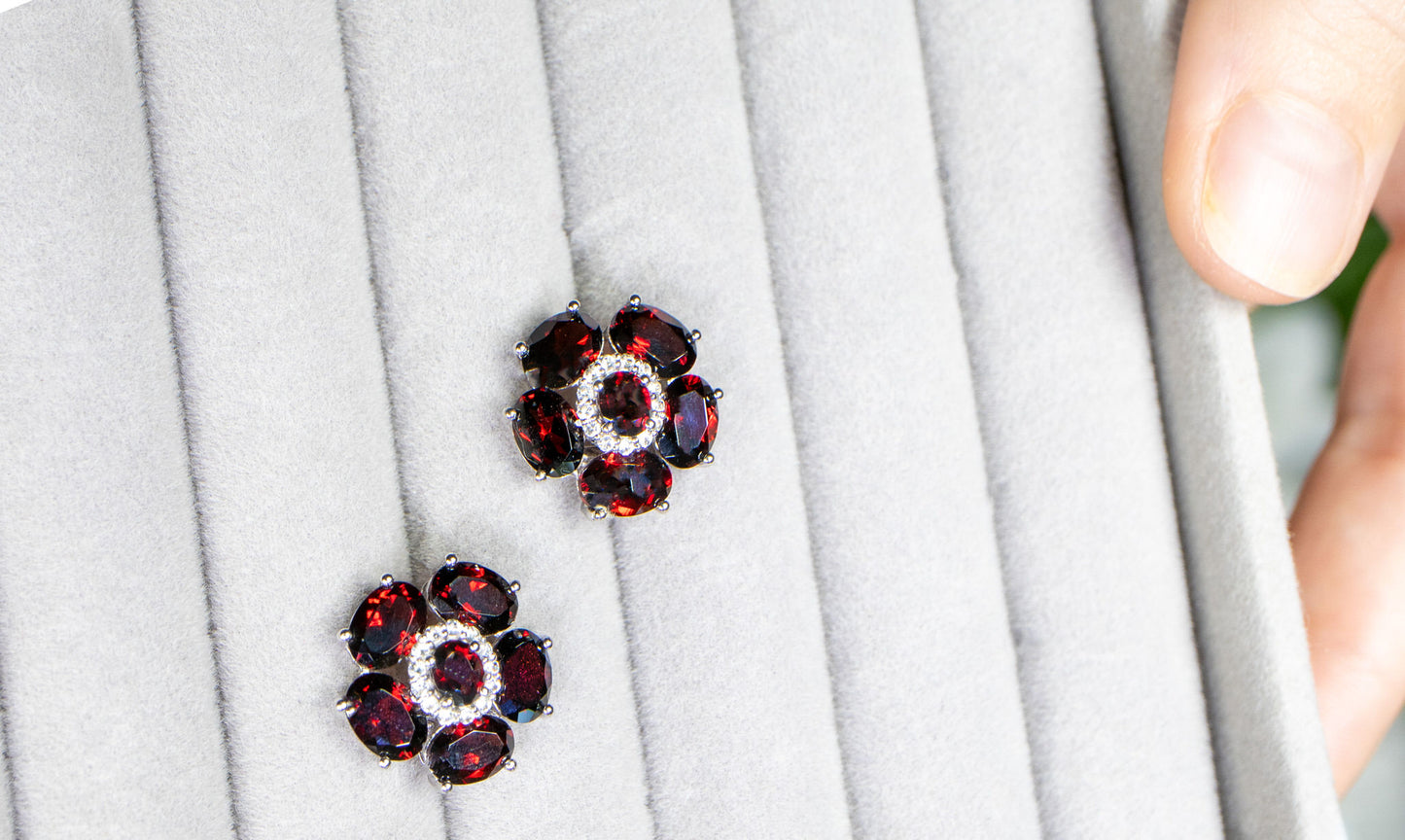 Natural Garnet and White Topaz Floral Earrings 9.6 Carats Total