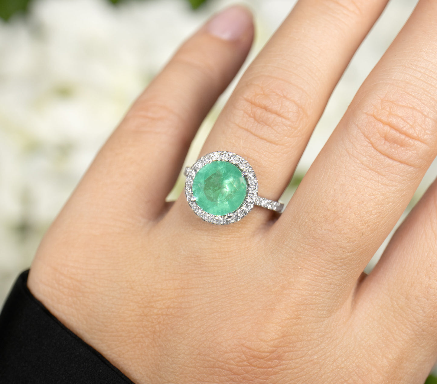 IGI Certified Mint Green Emerald Ring Diamond Halo 3.27 Carats 18K White Gold