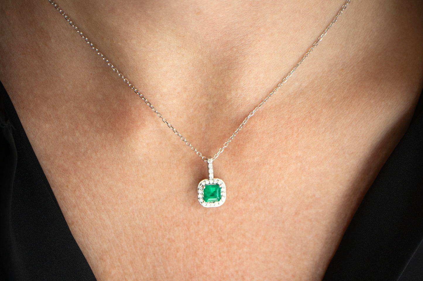 Emerald Pendant Necklace Diamond Halo 1.2 Carats 14K White Gold