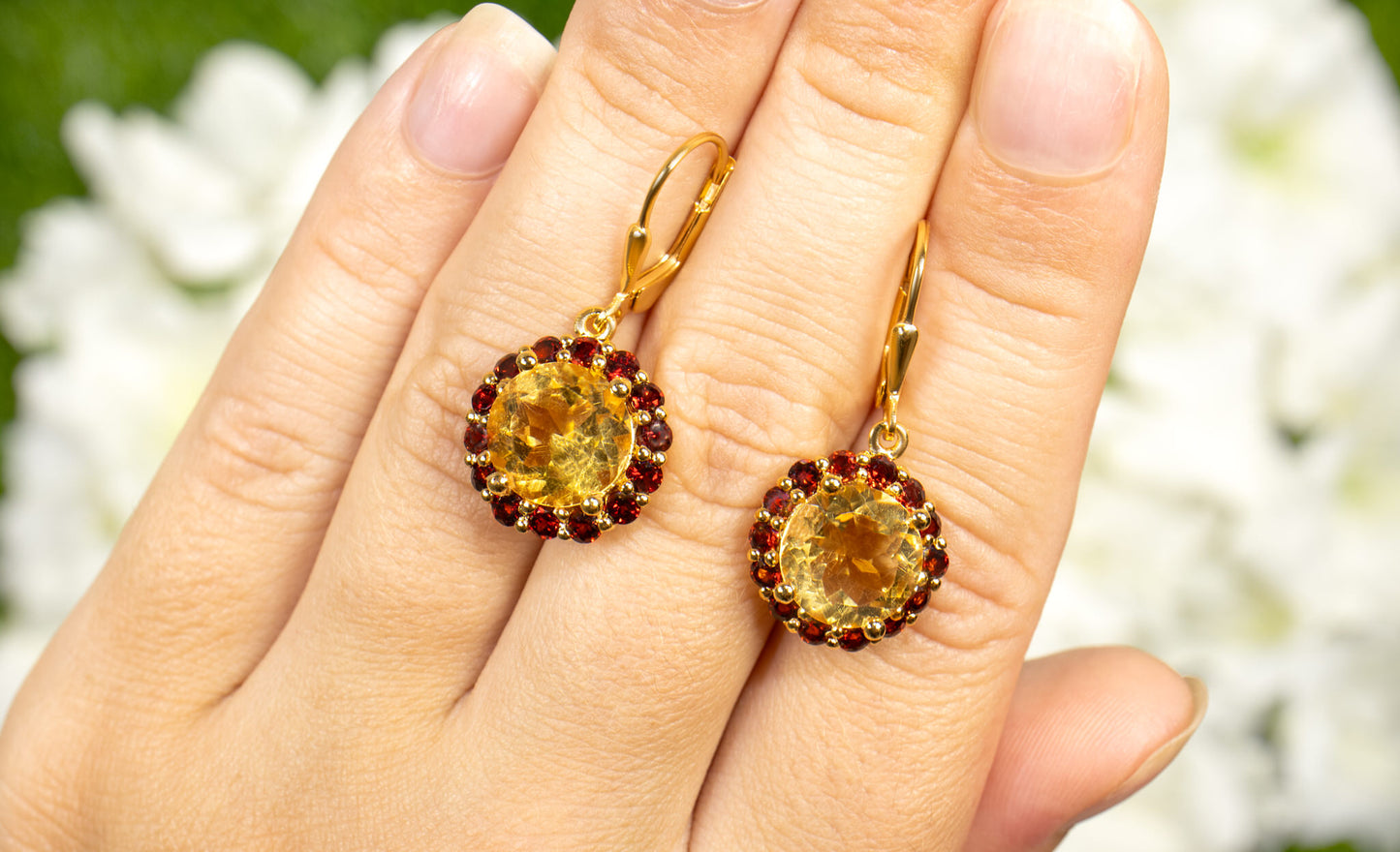 Citrine and Garnet Dangle Earrings 6.4 Carats 18K Yellow Gold Plated