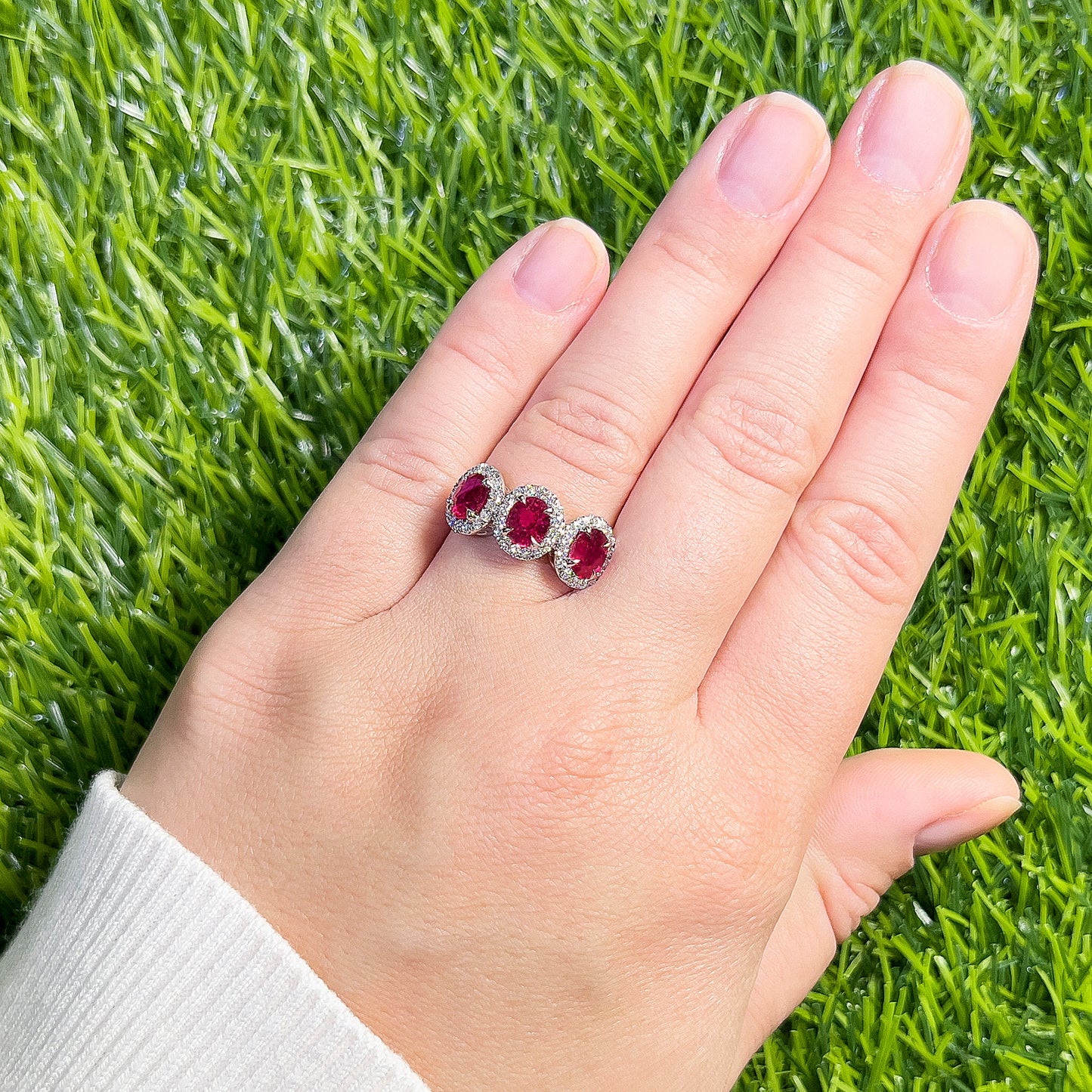 Three Rubies Ring Diamond Setting 3.21 Carats 18K White Gold