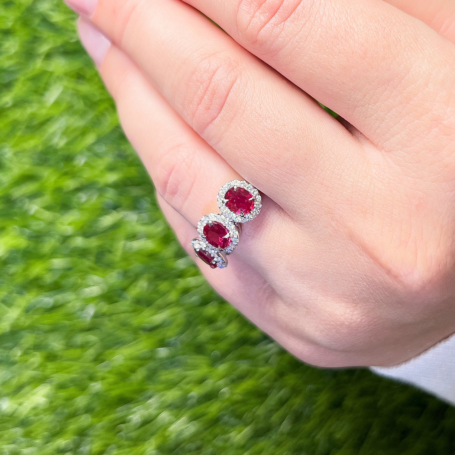 Three Rubies Ring Diamond Setting 3.21 Carats 18K White Gold