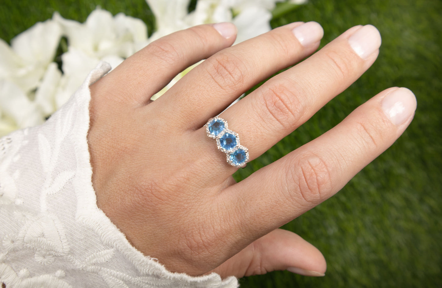 Hexagon Shape Blue Topaz Three Stone Ring With Diamonds 2 Carats Total