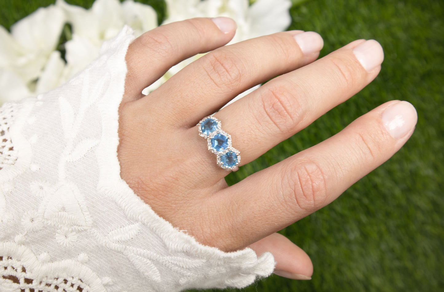 Hexagon Shape Blue Topaz Three Stone Ring With Diamonds 2 Carats Total