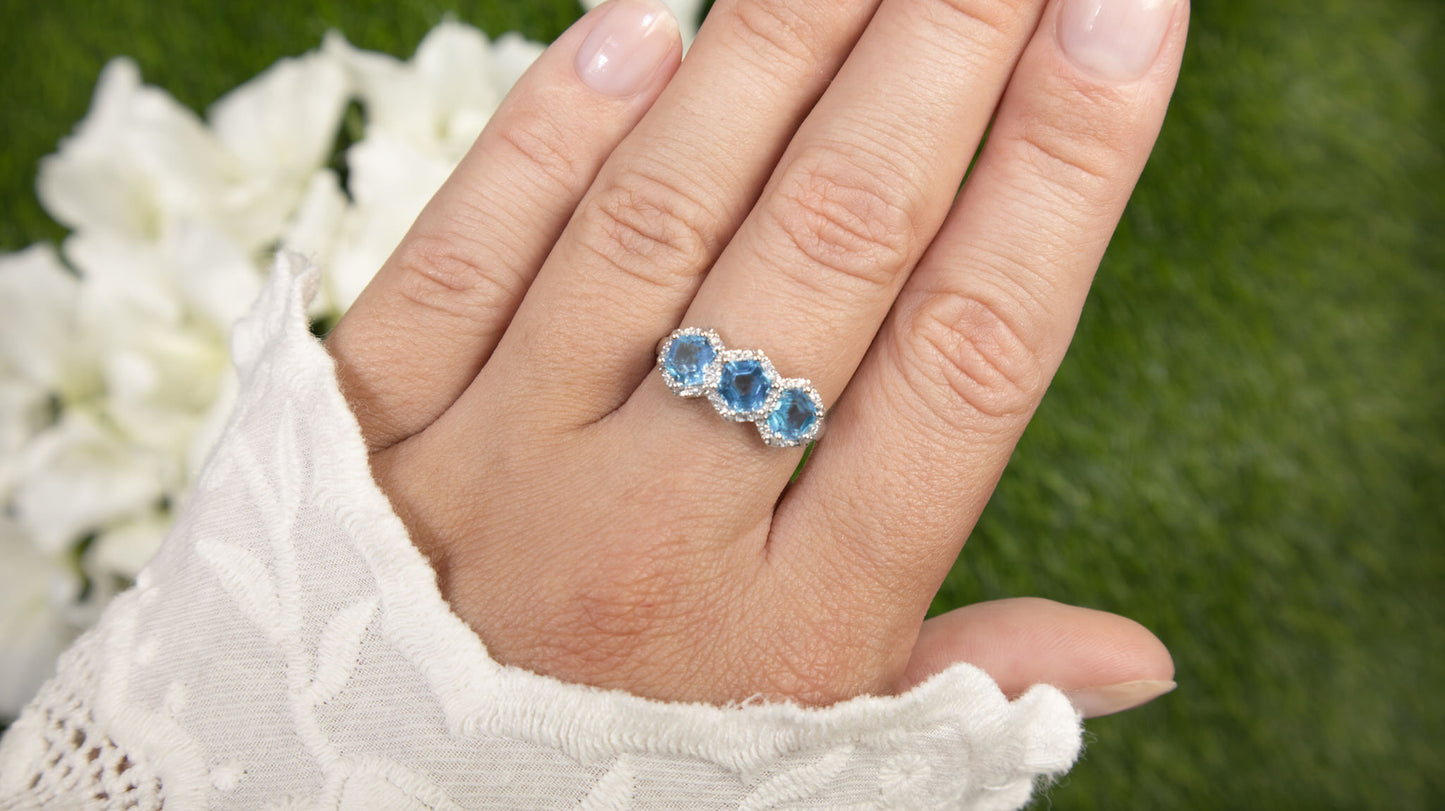 Hexagon Shape Blue Topaz Three Stone Ring With Diamonds 2 Carats Total