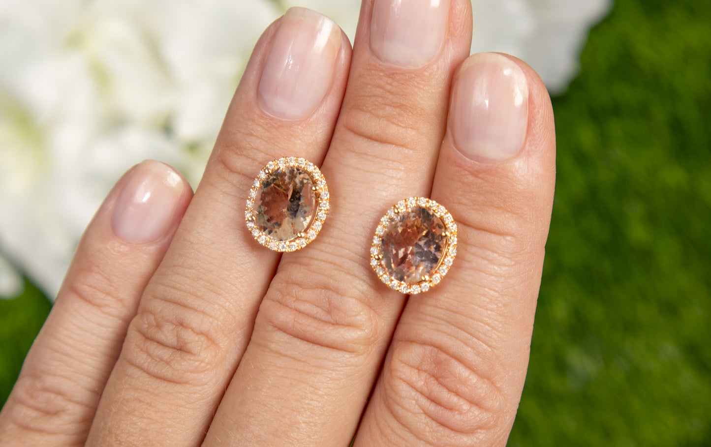 Oval Cut Morganite Stud Earrings With Diamond Halo 5.5 Carats Total