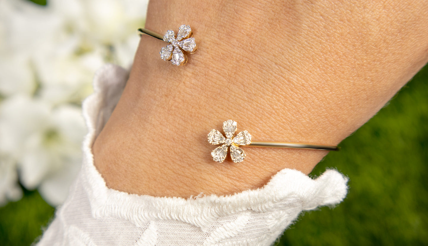Flexible Open Cuff Diamond Flower Bracelet