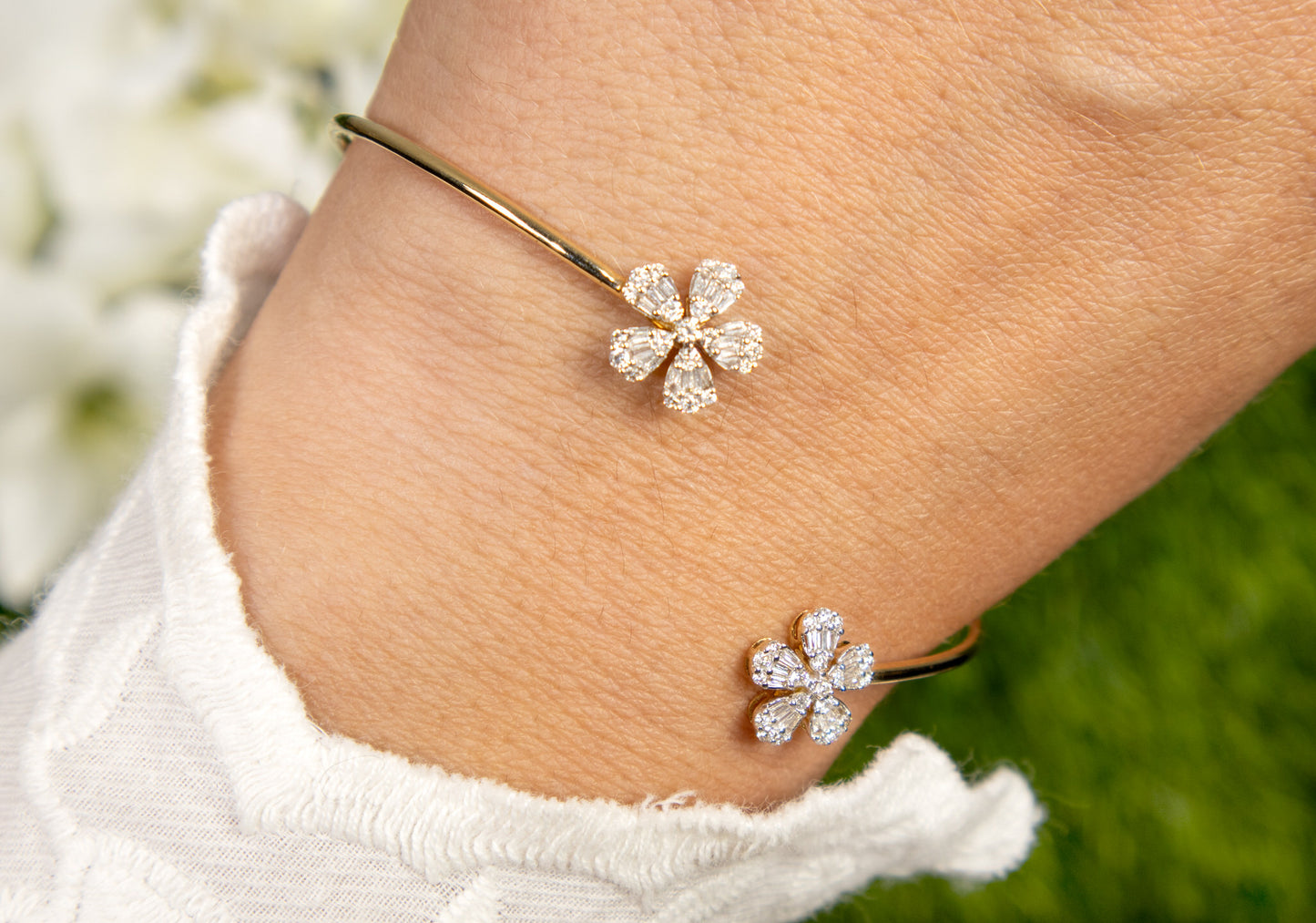 Flexible Open Cuff Diamond Flower Bracelet
