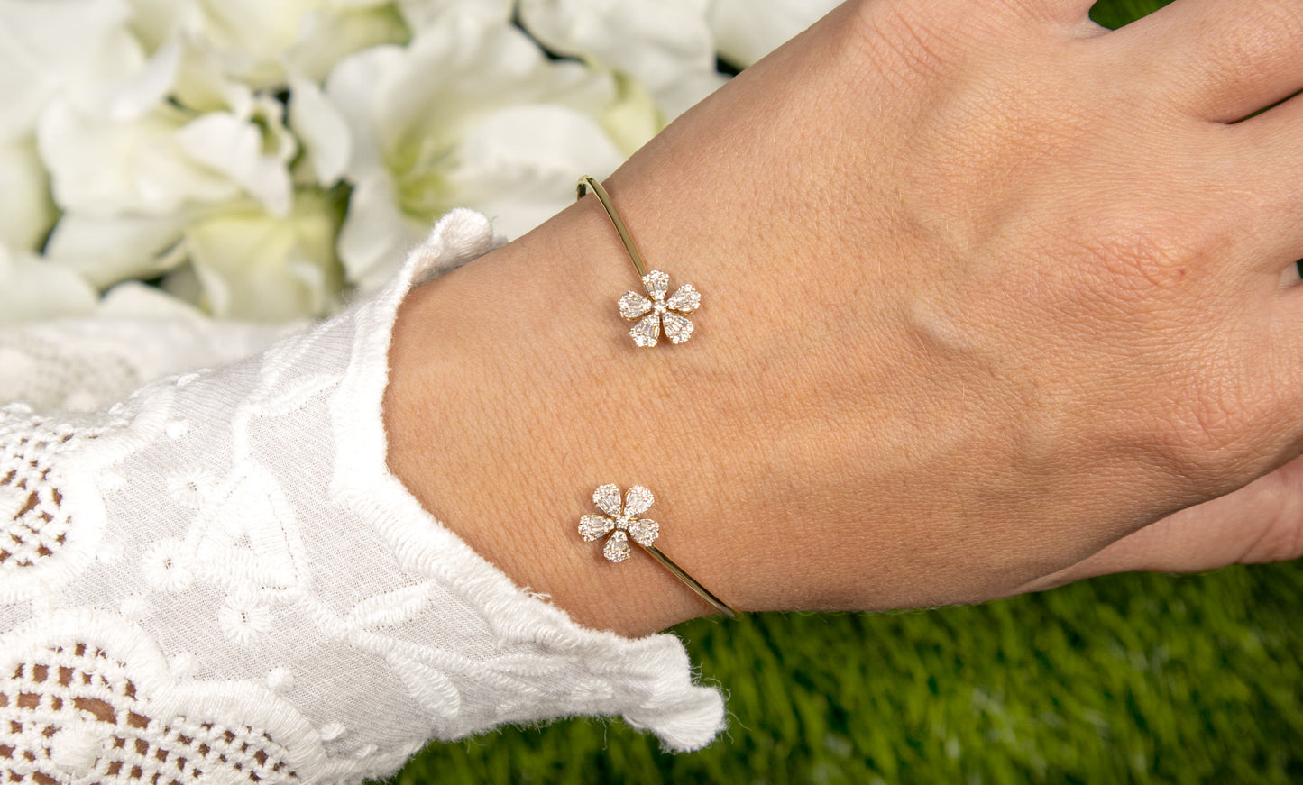 Flexible Open Cuff Diamond Flower Bracelet