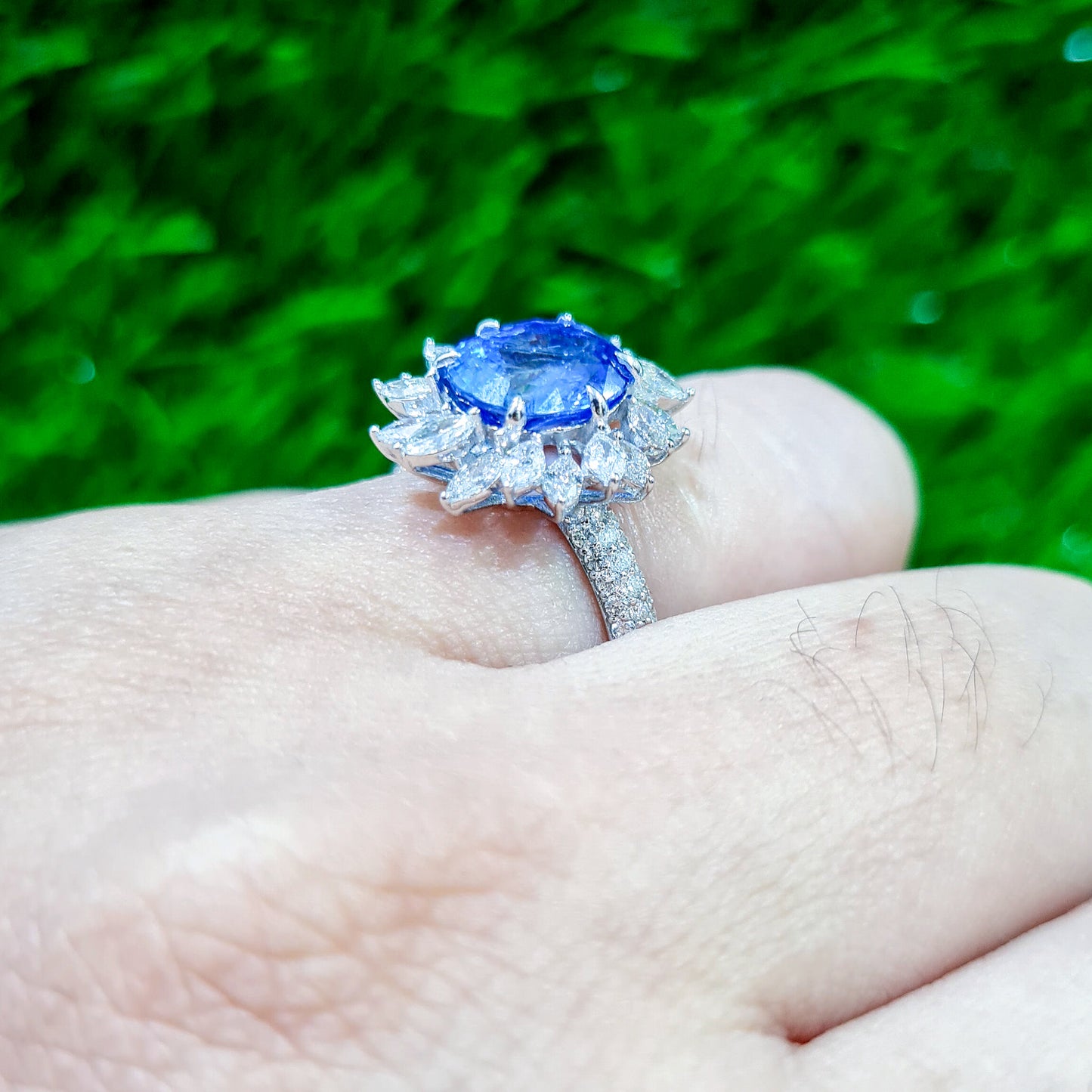Oval Blue Sapphire Ring Marquise Diamond Halo 5.82 Carats 18K Gold
