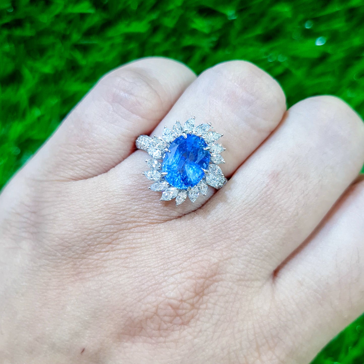 Oval Blue Sapphire Ring Marquise Diamond Halo 5.82 Carats 18K Gold