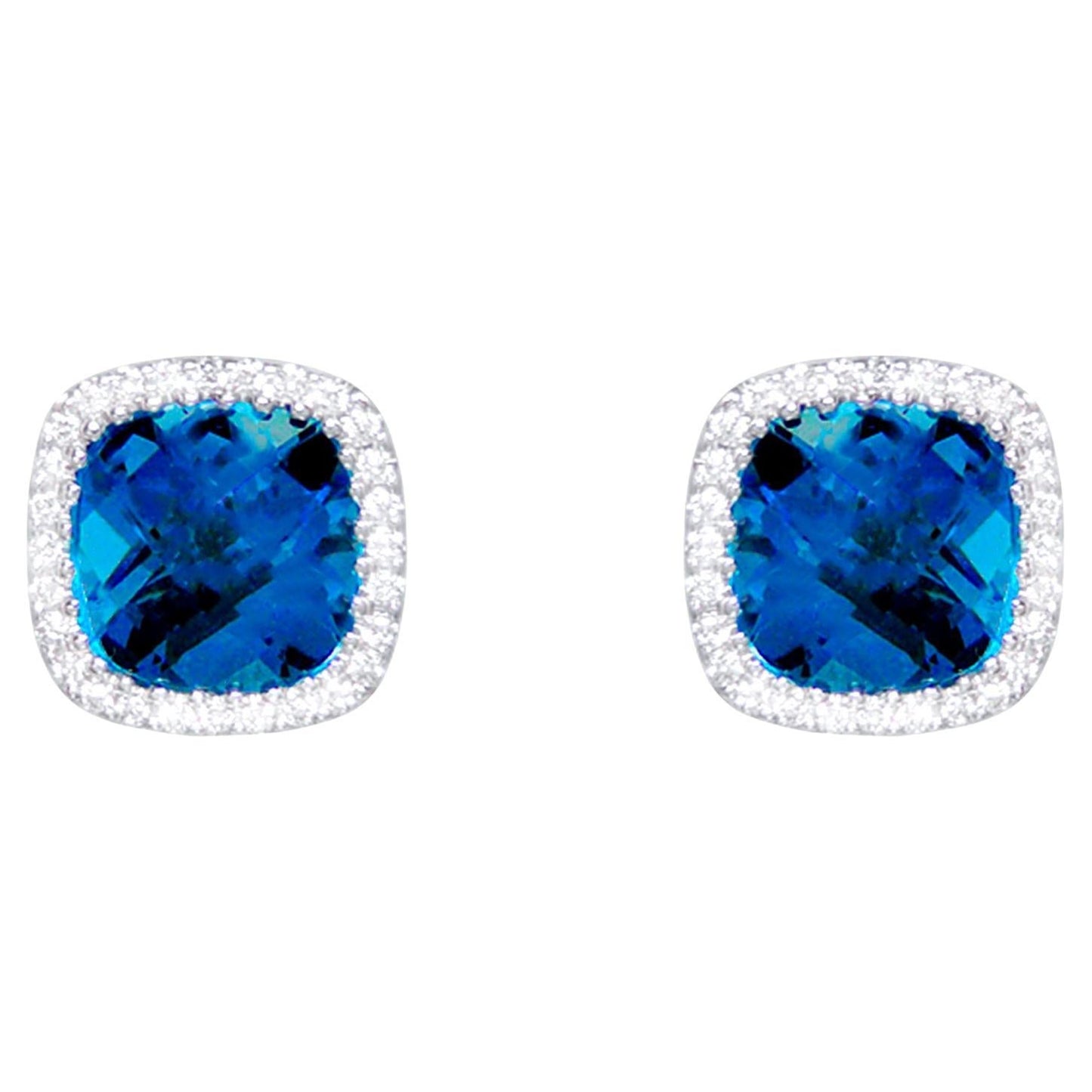 London Blue Topaz Stud Earrings Diamond Halo 3.40 Carats 18K White Gold