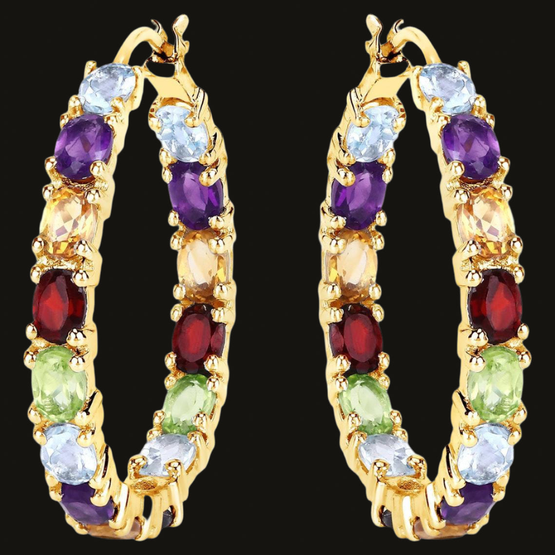 Multicolor Gemstones Hoop Earrings 5.4 Carats 14K Yellow Gold Plated Silver