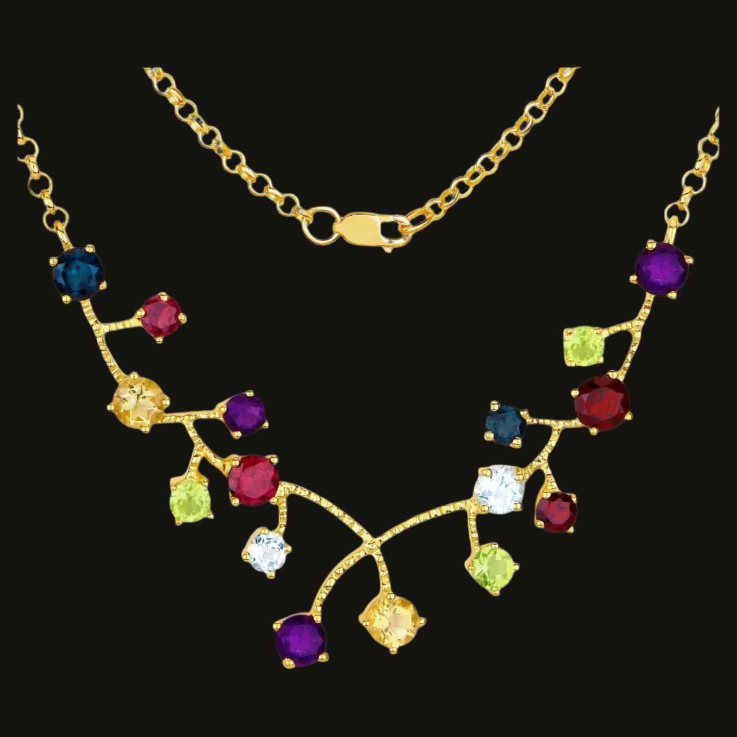 Multicolored Natural Gemstones Necklace 6.2 Carats 18K Yellow Gold Plated Silver