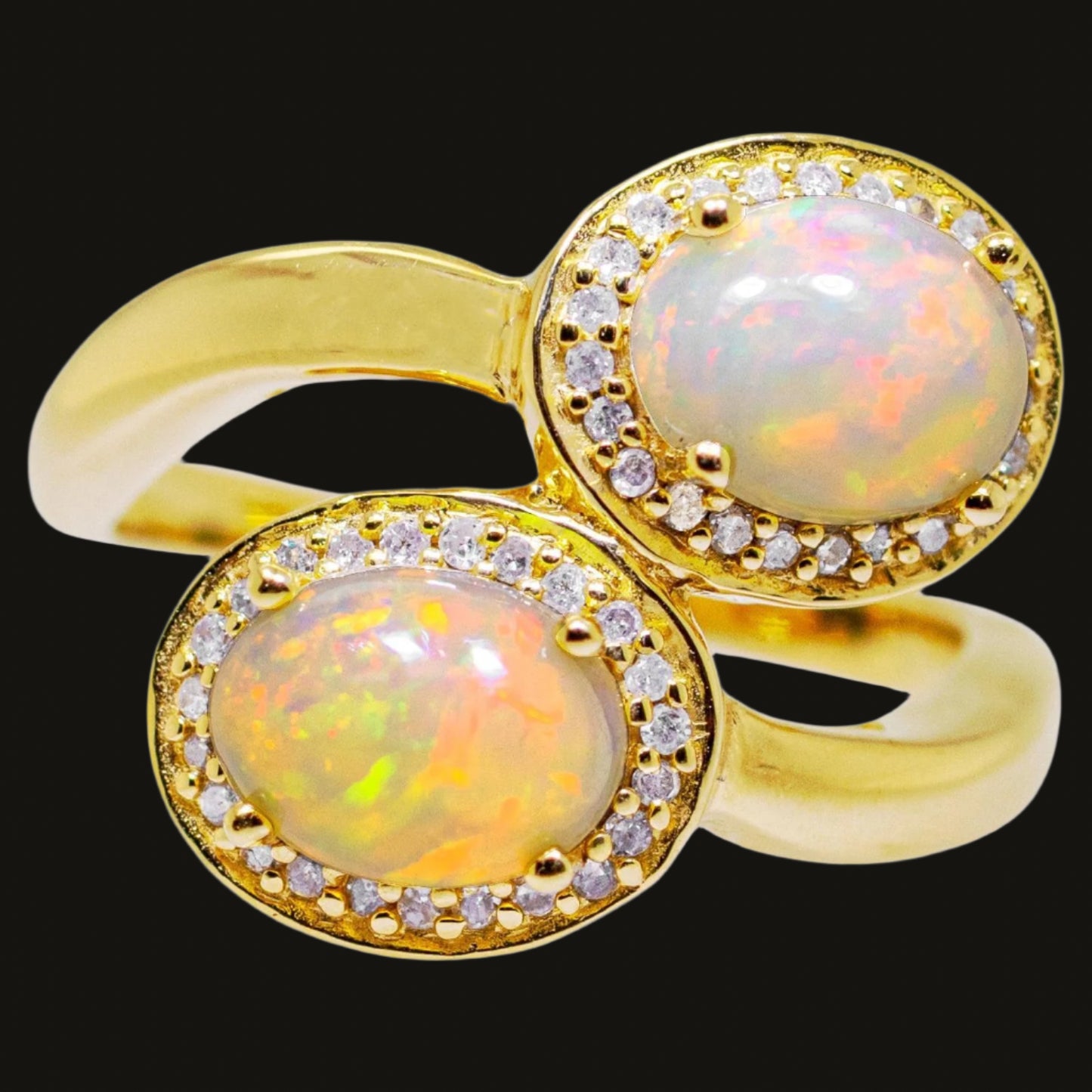 Natural Opal Bypass Ring With Diamonds 1.91 Carats 24K Yellow Gold Plated Silver