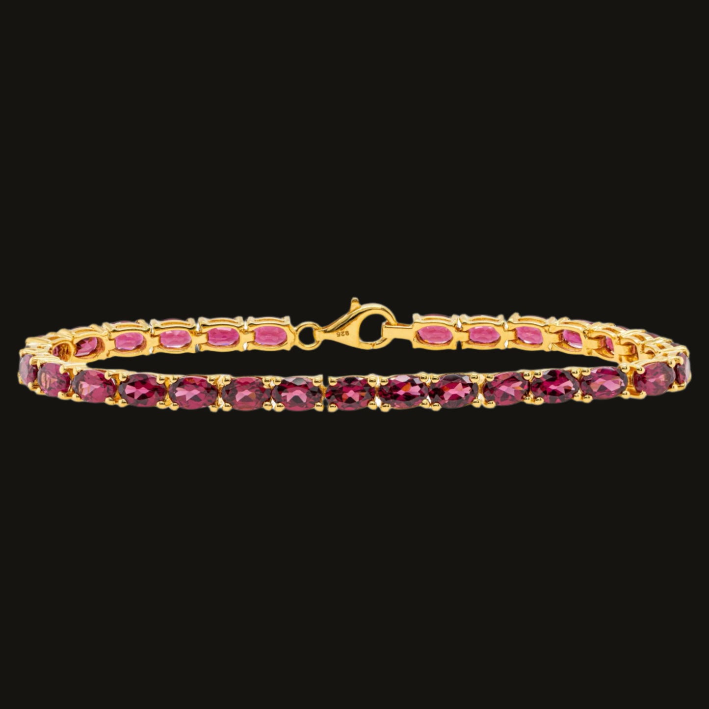 Natural Rhodolite Garnet Tennis Bracelet 15 Carats 24K Yellow Gold Plated Silver