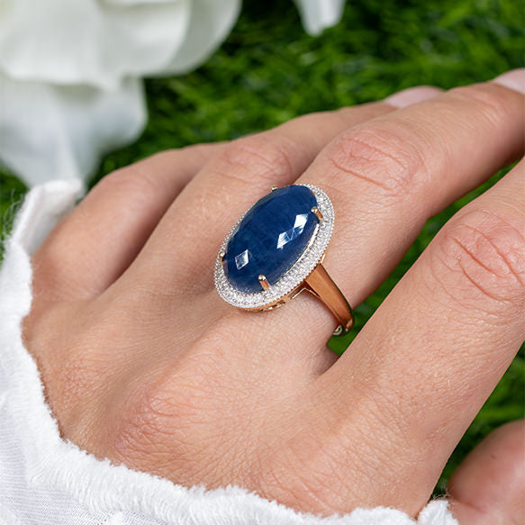 Deep Blue Rose Cut 10 Carat Sapphire Cocktail Ring Diamond Halo 14K Yellow Gold