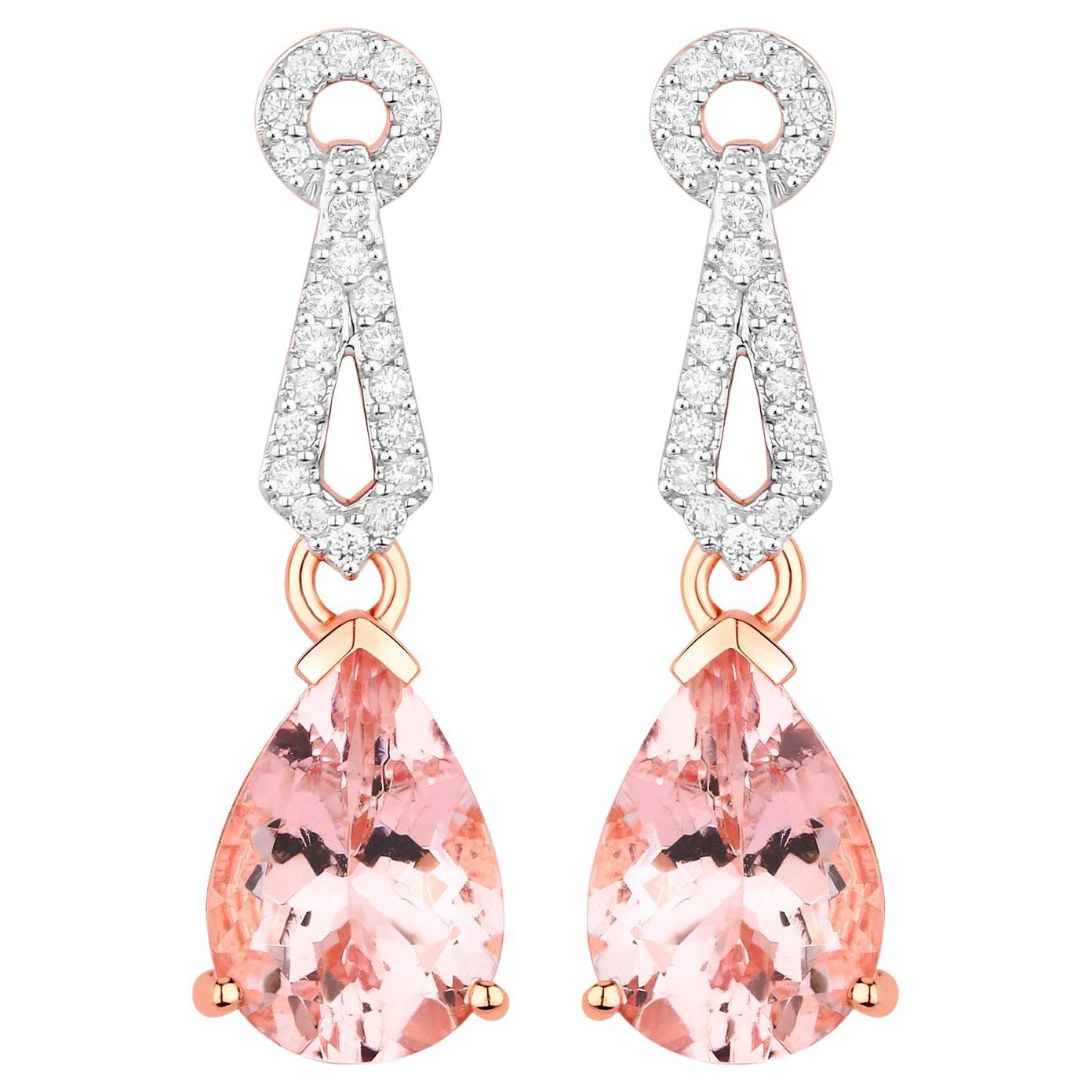 Morganite Drop Earrings Diamond Settings 3.6 Carats Total 14K Gold