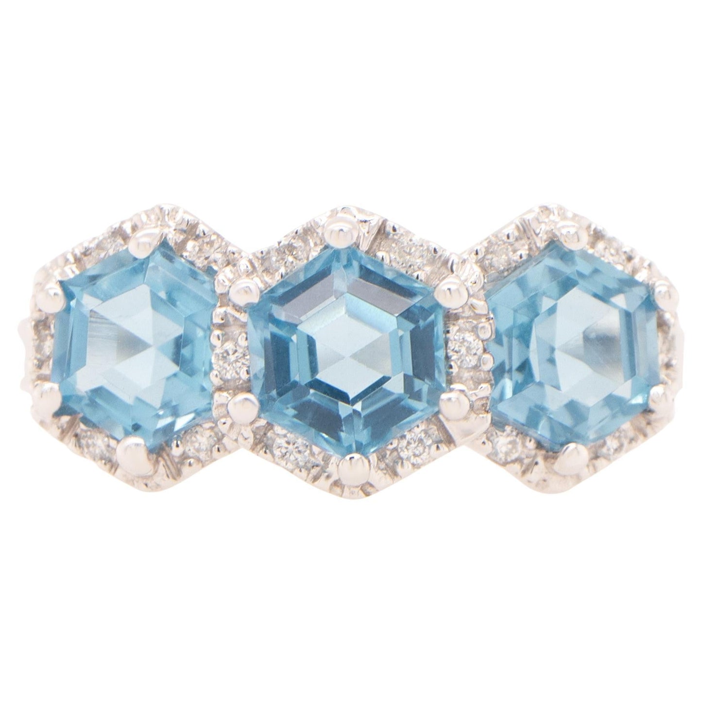 Hexagon Shape Blue Topaz Three Stone Ring With Diamonds 2 Carats Total