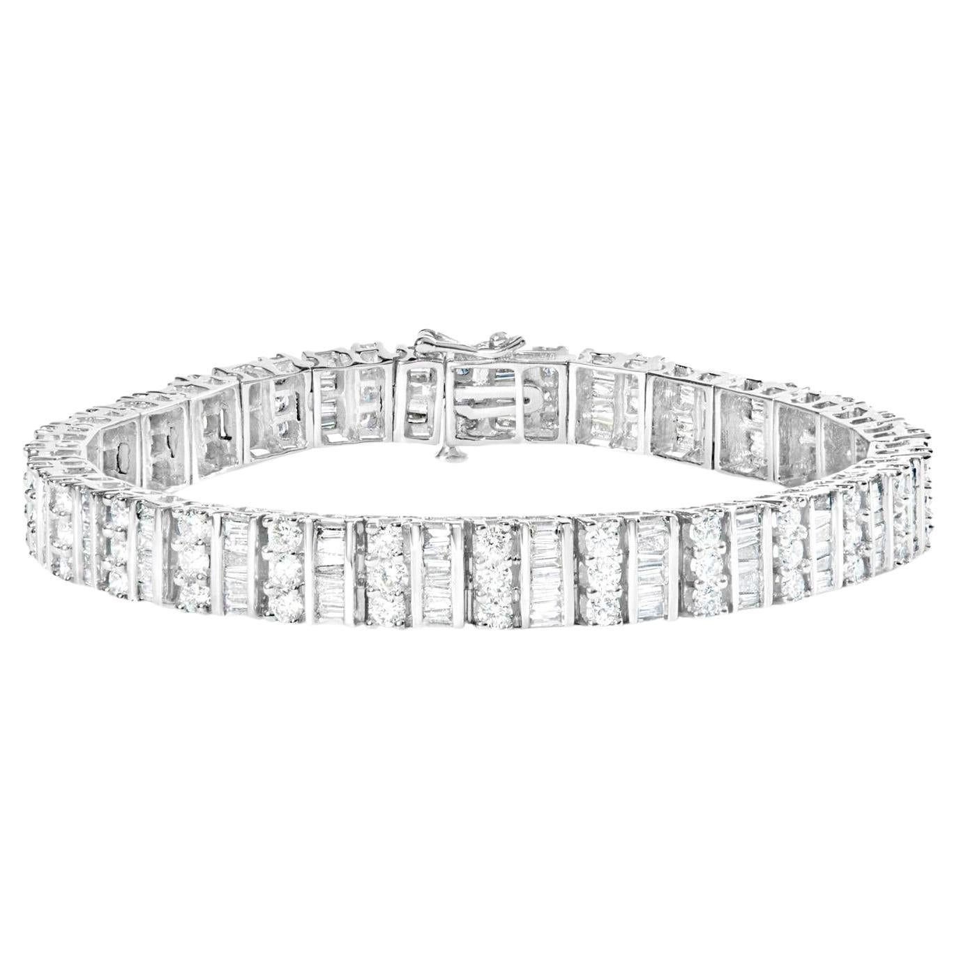 Diamond Link Statement Bracelet Round and Baguette Cut 6 Carats 14K White Gold