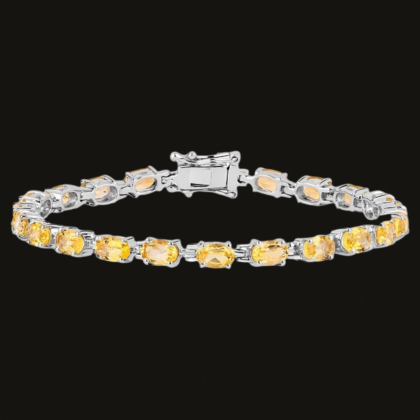Citrine Tennis Bracelet 9 Carats Oval Cut Rhodium Plated Silver